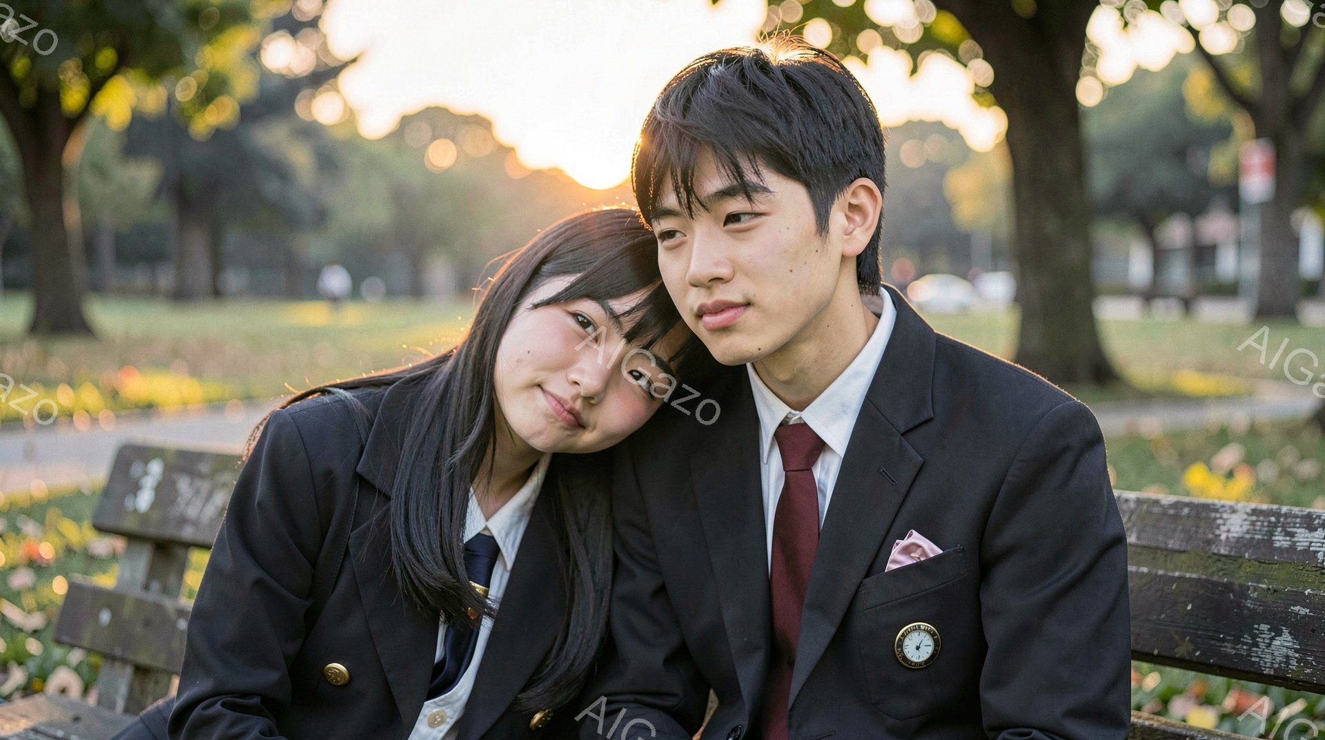 制服を着た若い男女が公園のベンチに座っています。女性は黒いブレザーに赤いネクタイ、男性は同様の制服に紫色のネクタイを着ており、女性は男性の肩に頭を預けて微笑んでいます。背景には木々や建物が見え、夕暮れ - AI生成フリー素材