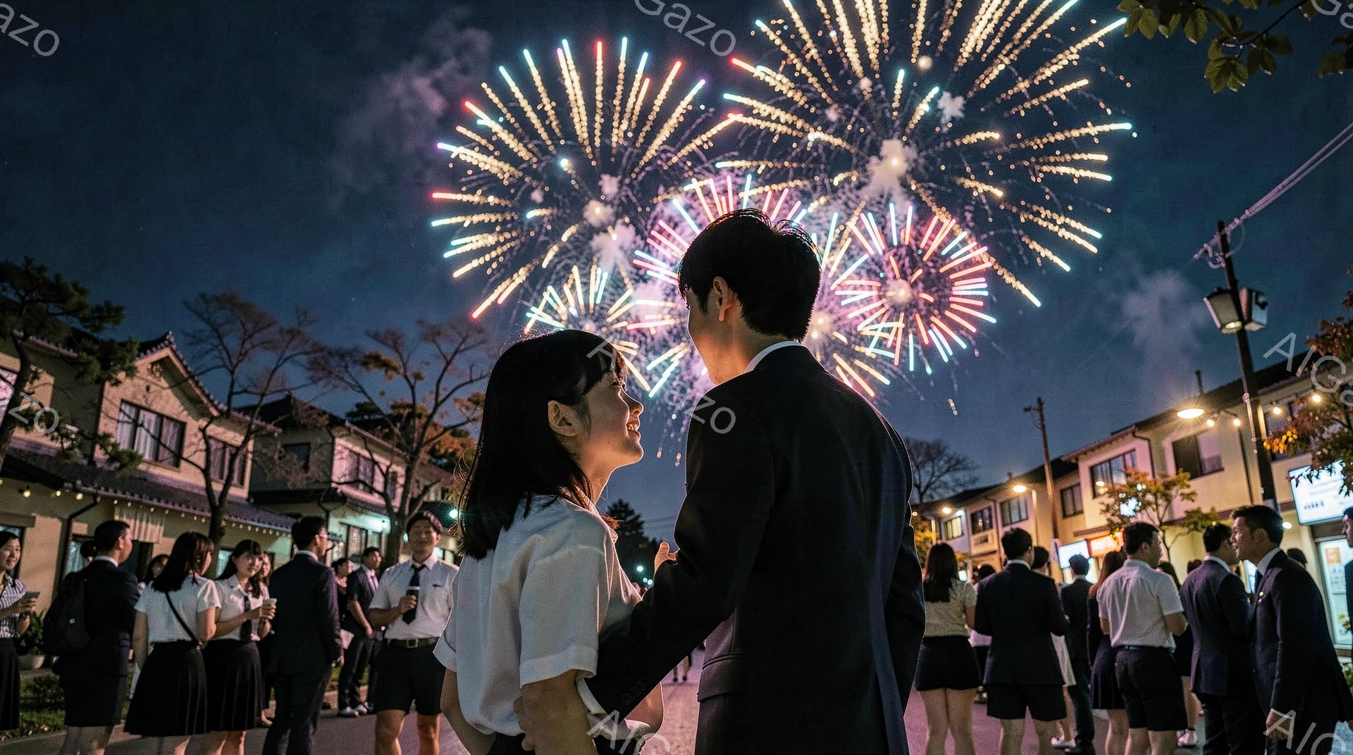 夜空に打ち上げられた鮮やかな花火が、街並みを照らしている。若い男女は互いに向き合い、親しげに微笑み合いながら花火を見上げている。背景には、伝統的な雰囲気の建物が並び、多くの人々が花火を楽しんでいる様子がぼんやりと見える。