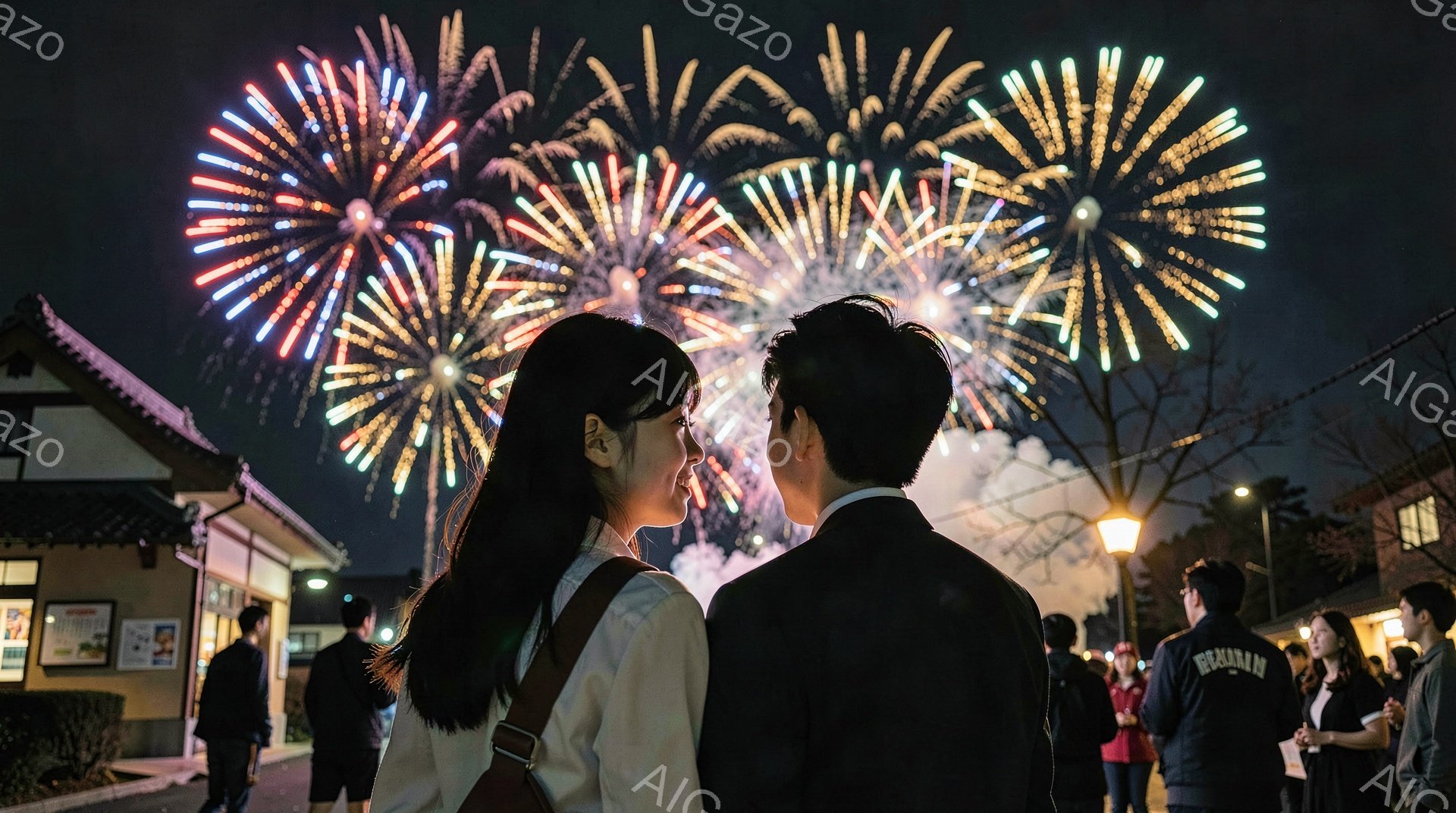 花火が夜空を明るく照らす中、若い男女が寄り添い、花火を見上げている。女性は長い髪を後ろに垂らし、白いシャツを着ており、男性は黒いジャケット姿で、少し後ろに傾いて女性を見つめているように見える。背景には、伝統的な様式の建物や多くの人々が見え、お祭りやイベントの賑やかな雰囲気が伝わってくる。