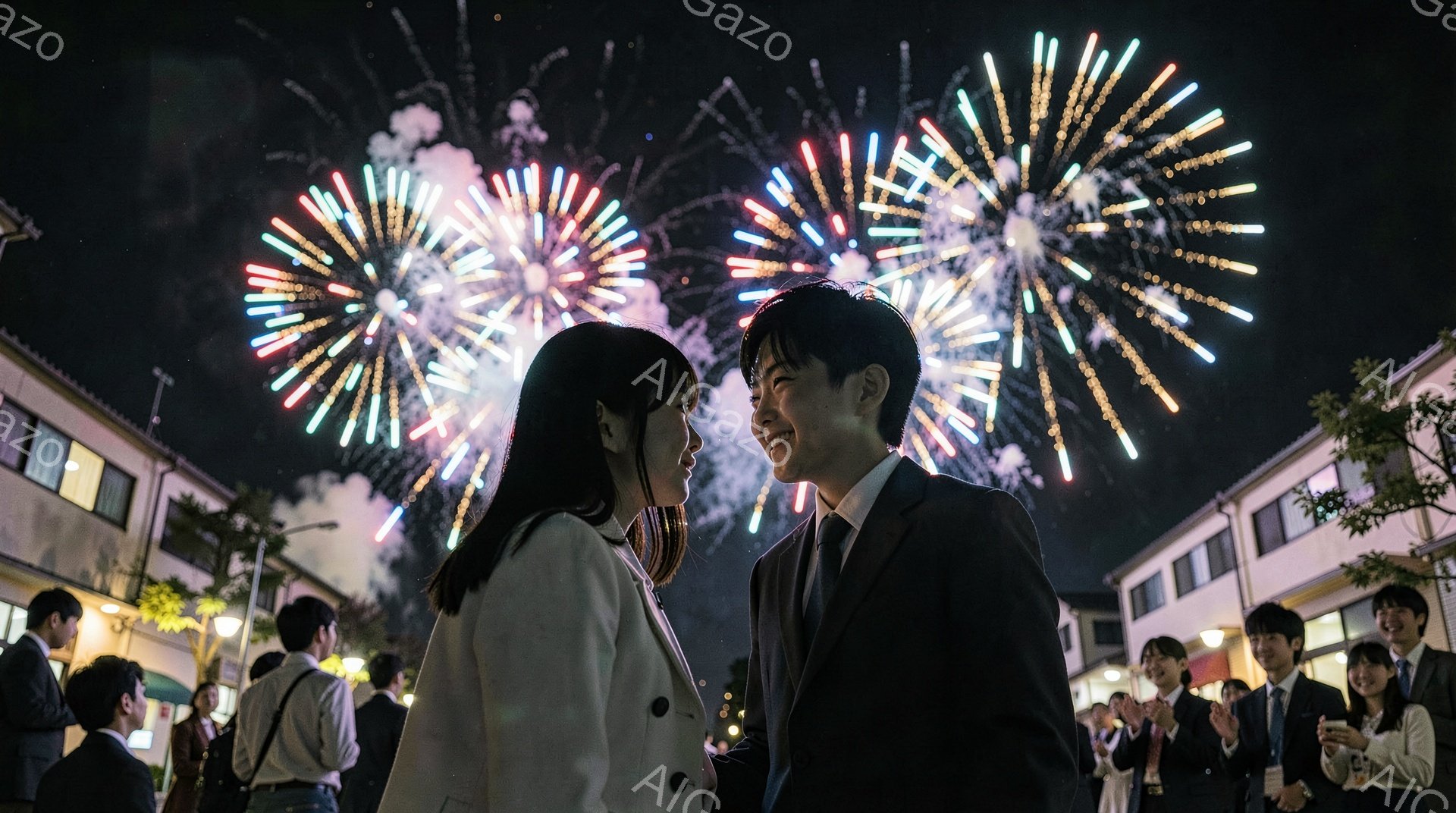 夜空に打ち上げられた鮮やかな花火を背景に、若い男女が寄り添い見つめ合っている。女性は白いオーバーサイズのコートを着ており、黒いストレートヘアを肩にかけるようにしている。男性は黒いスーツにネクタイ姿で、少し微笑み、女性を見つめている。