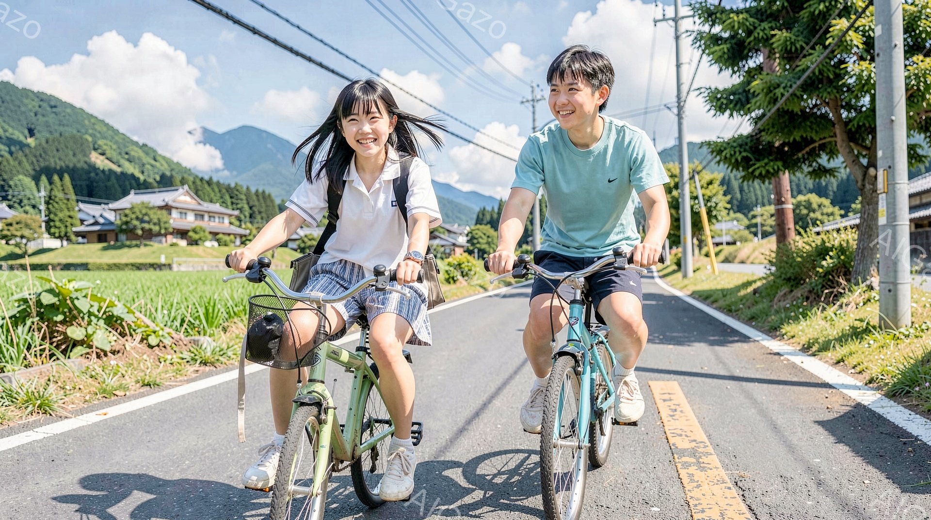 二人の若者が自転車に乗って田舎道を走っている。女性は白いシャツに紺色のスカート、男性は水色のTシャツに黒い短パン姿で、どちらも笑顔で前を見ている。背景には緑豊かな田んぼや山々が広がり、晴天の下、爽やかな夏の日の雰囲気が漂う。
