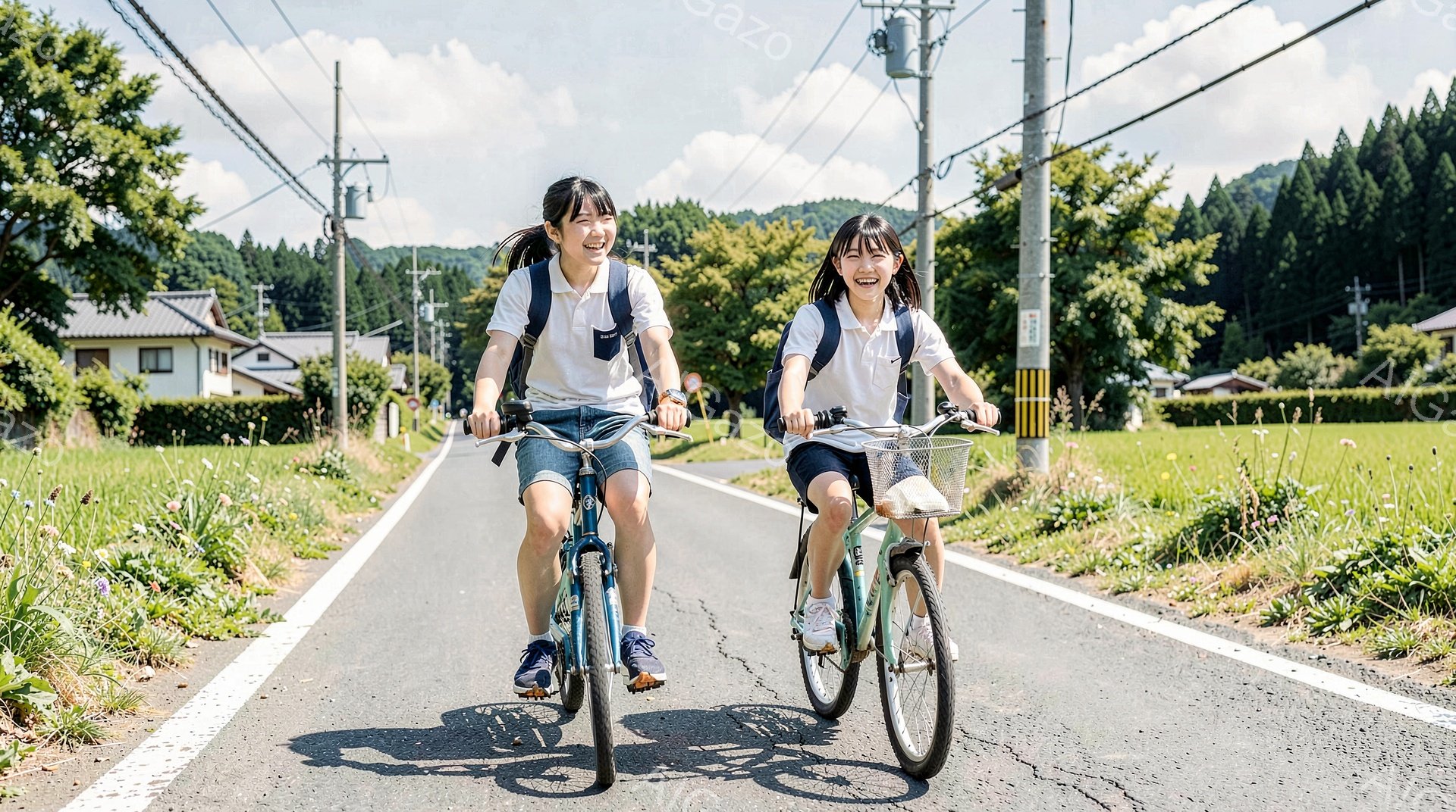 二人の少女が並んで自転車に乗っている写真です。制服姿で、髪を三つ編みにし、笑顔で前を見つめています。背景にはアスファルトの道、緑豊かな田んぼ、そして遠くの山々が広がっており、晴れた日の穏やかな田舎の風 - AI生成フリー素材