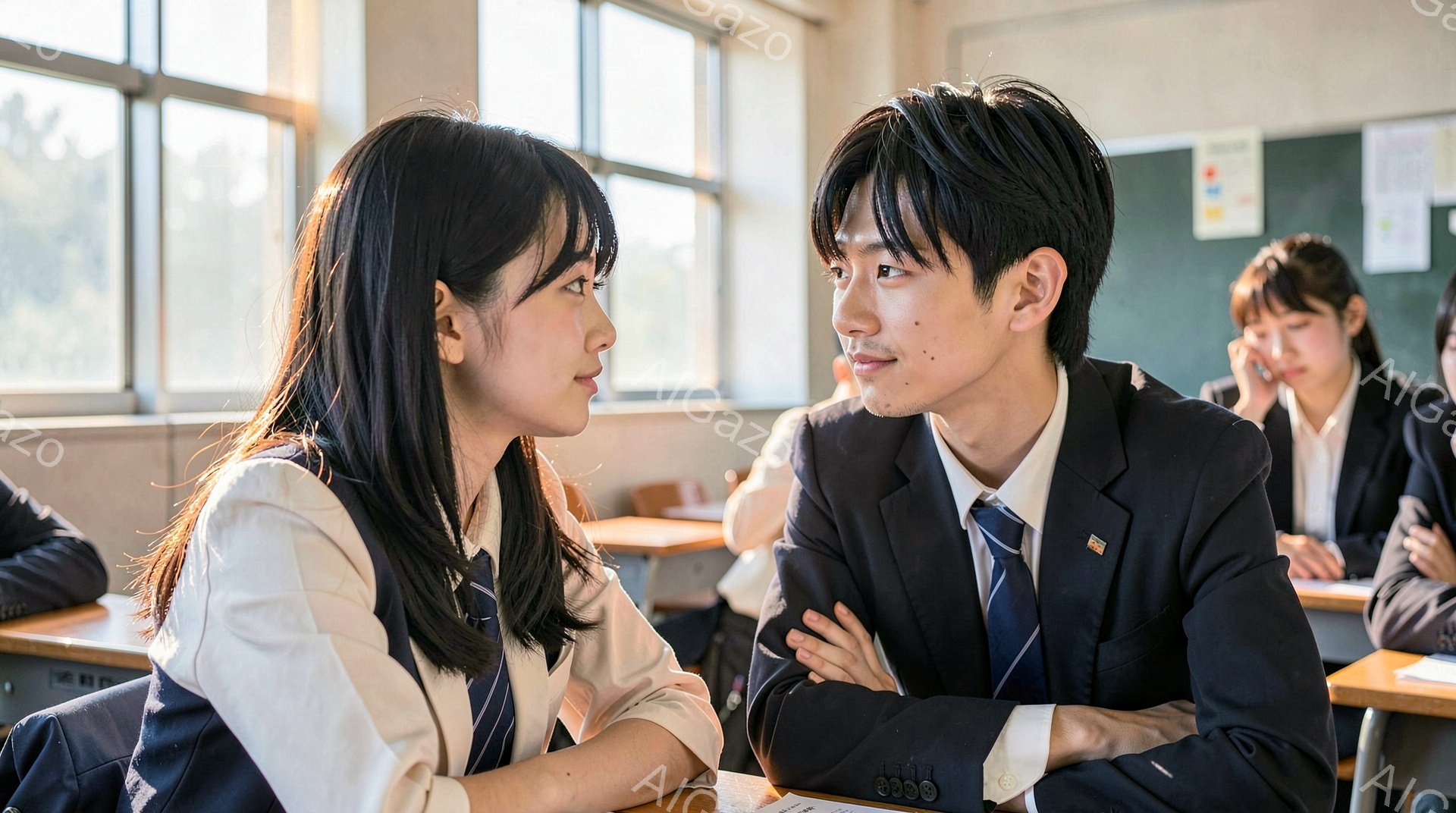 教室の中で、女子生徒と男子生徒が向かい合って座り、真剣な眼差しで会話をしている様子が描かれている。二人は制服を着用しており、女子生徒は長い髪をサイドに流し、男子生徒は短髪で、腕組みをしている。教室の奥には他の生徒も座っており、窓から差し込む光が明るい雰囲気を生み出している。