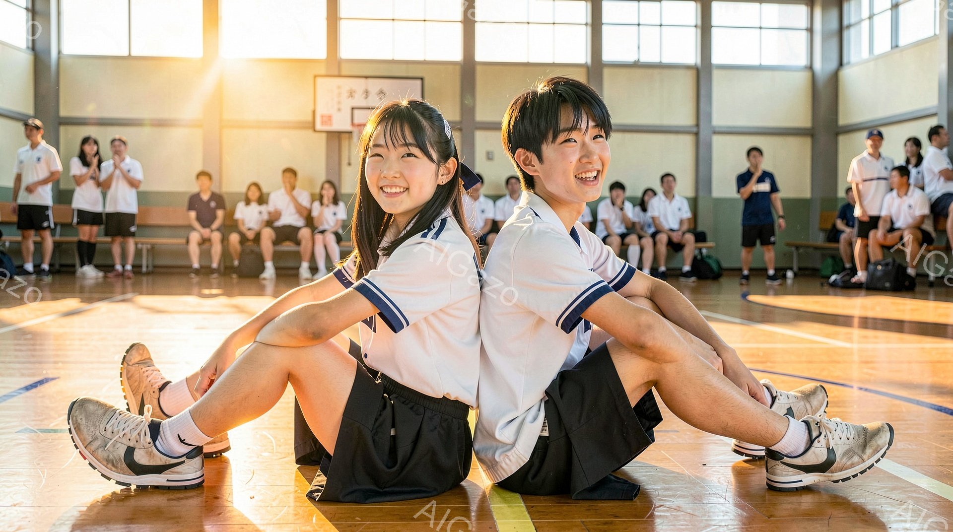 制服姿の男女が体育館の床に座り、向かい合って膝を抱え合っています。彼らは笑顔で、背景には体育の授業中の生徒たちが並んでいます。体育館は明るい光で満たされ、温かく、活気のある雰囲気が漂っています。