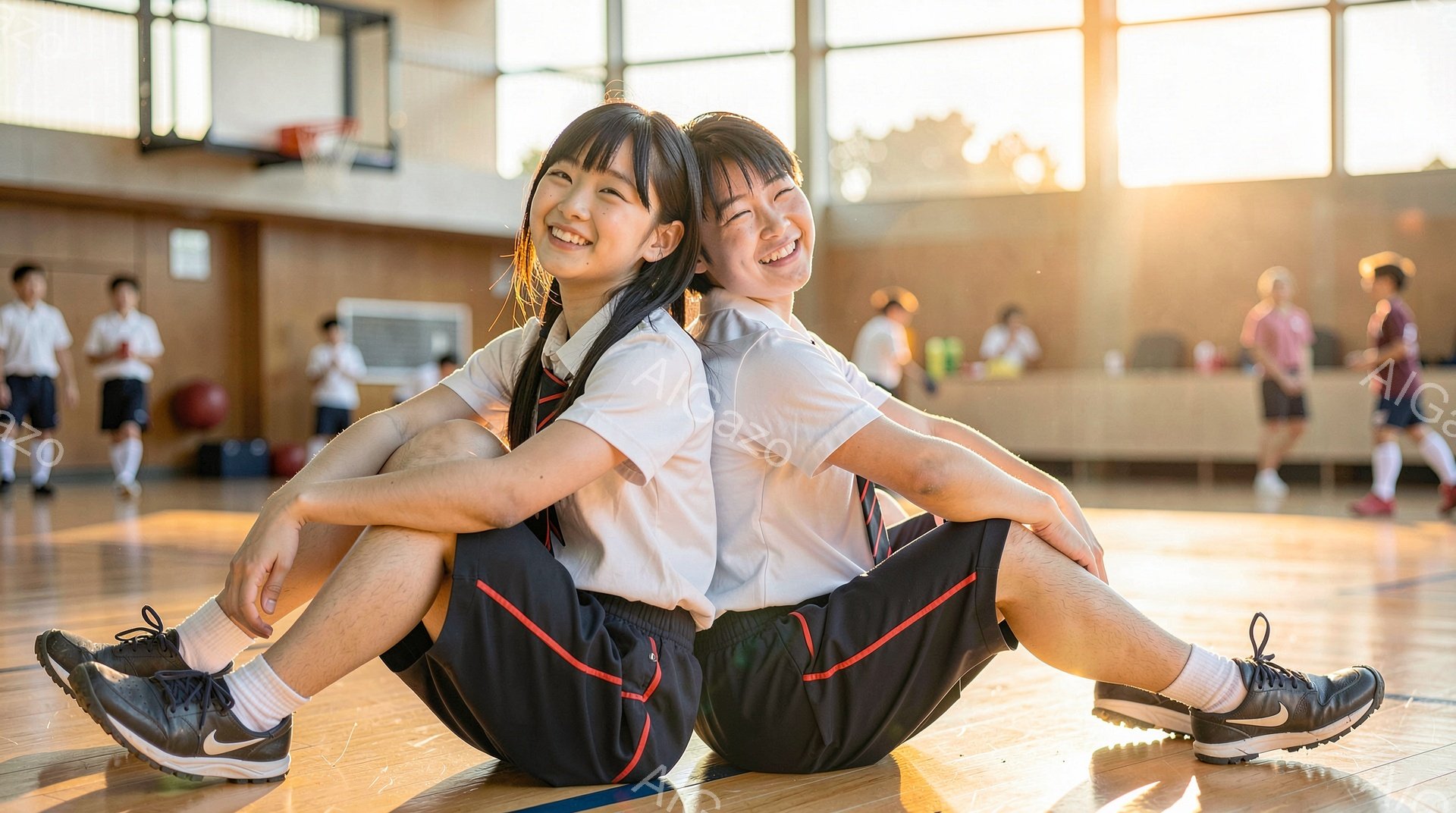 二人の女子高生が体育館の床に座り、膝を曲げて向かい合っています。制服の白いシャツと黒い短パン、そして白い運動靴を履き、楽しそうに笑っています。背景には他の生徒たちが体育の授業を受けており、窓からは夕日の光が差し込み、温かい雰囲気を醸し出しています。
