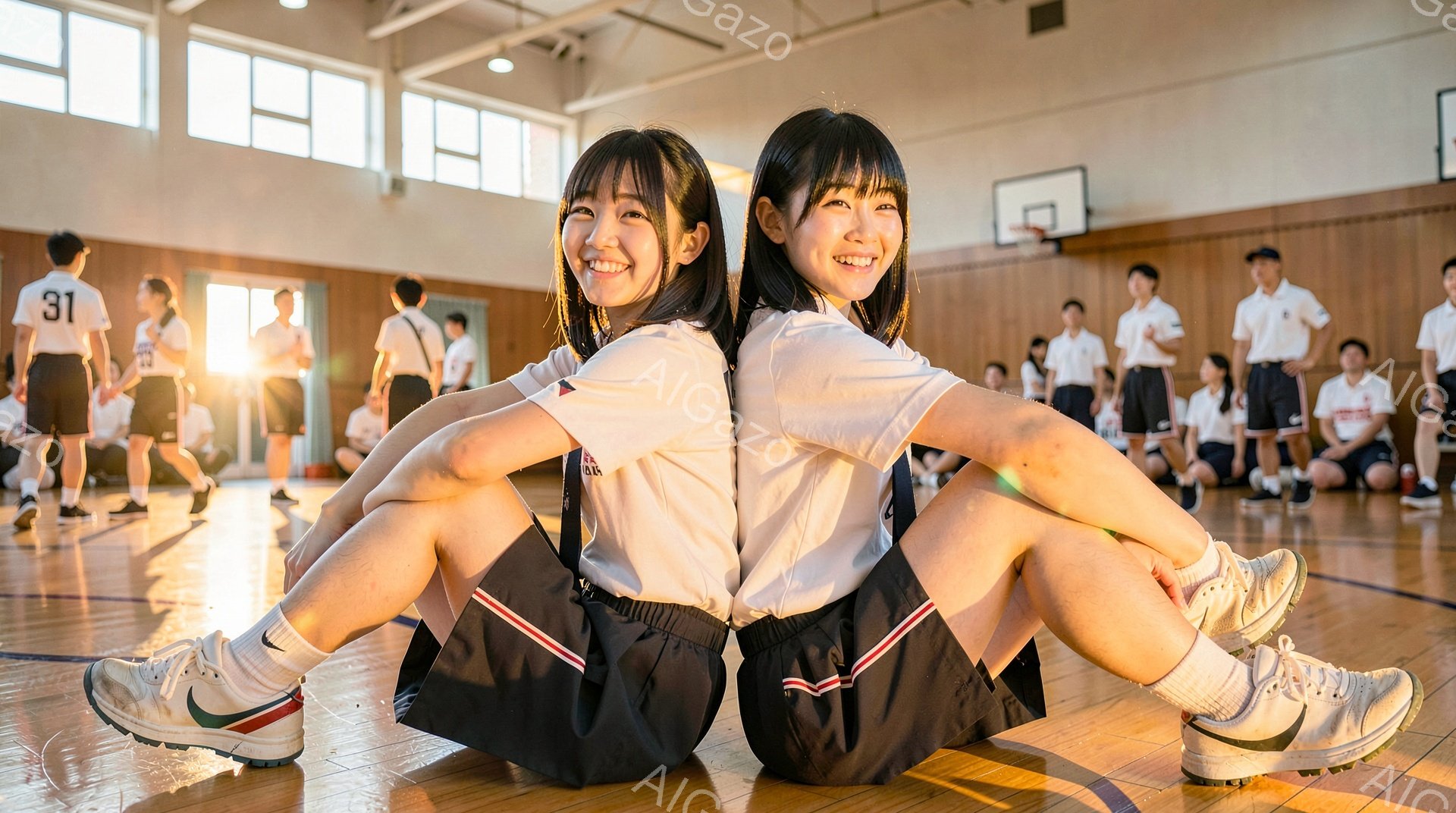 画像には、体育館の中心で膝を抱えて座る制服姿の女子高生二人が写っている。二人は笑顔で互いに寄り添い、白いブラウスと紺色のスカート、白いスニーカーを履いている。背景には、体育の授業を受けていると思われる男子生徒たちが並び、体育館の窓からは夕焼けのような光が差し込んでいる。
