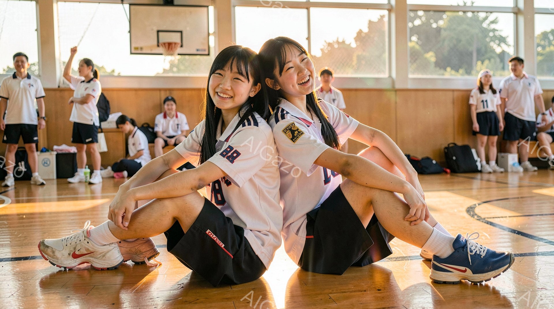 体育館の床に、制服姿の二人の女子中学生が膝を抱え、笑顔で寄り添って座っています。彼女たちは白いシャツに黒いスカート、白いスニーカーを履いており、髪は後ろで一つに結ばれています。背景には他の生徒たちが体育館に並び、バスケットボールのゴールが見えます。