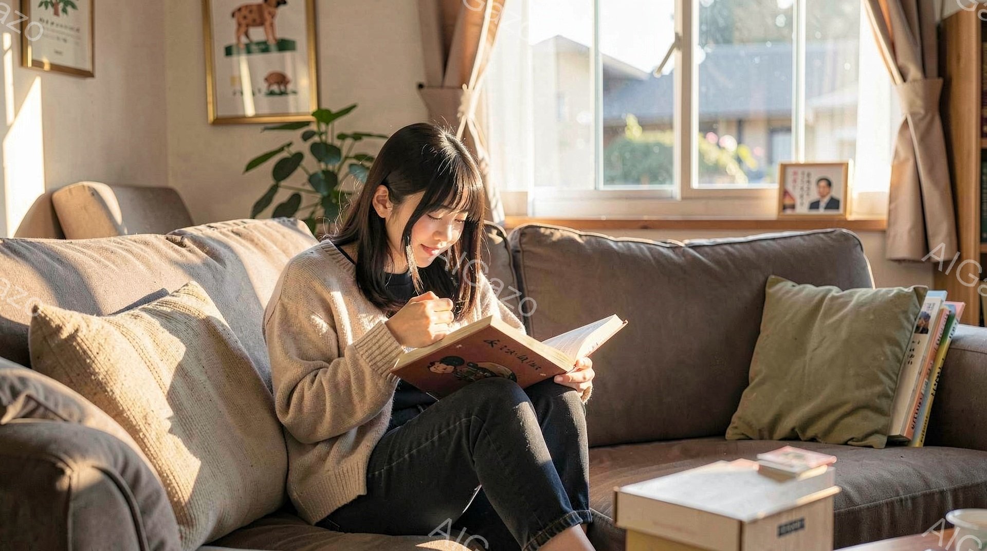 明るい日差しの差し込むリビングで、若い女性がソファに座って本を読んでいます。彼女はグレーのセーターと濃い色のズボンを着用し、肩までの長さの髪を無造作にまとめています。背景には観葉植物や絵画が見え、穏やかでリラックスした雰囲気が漂っています。