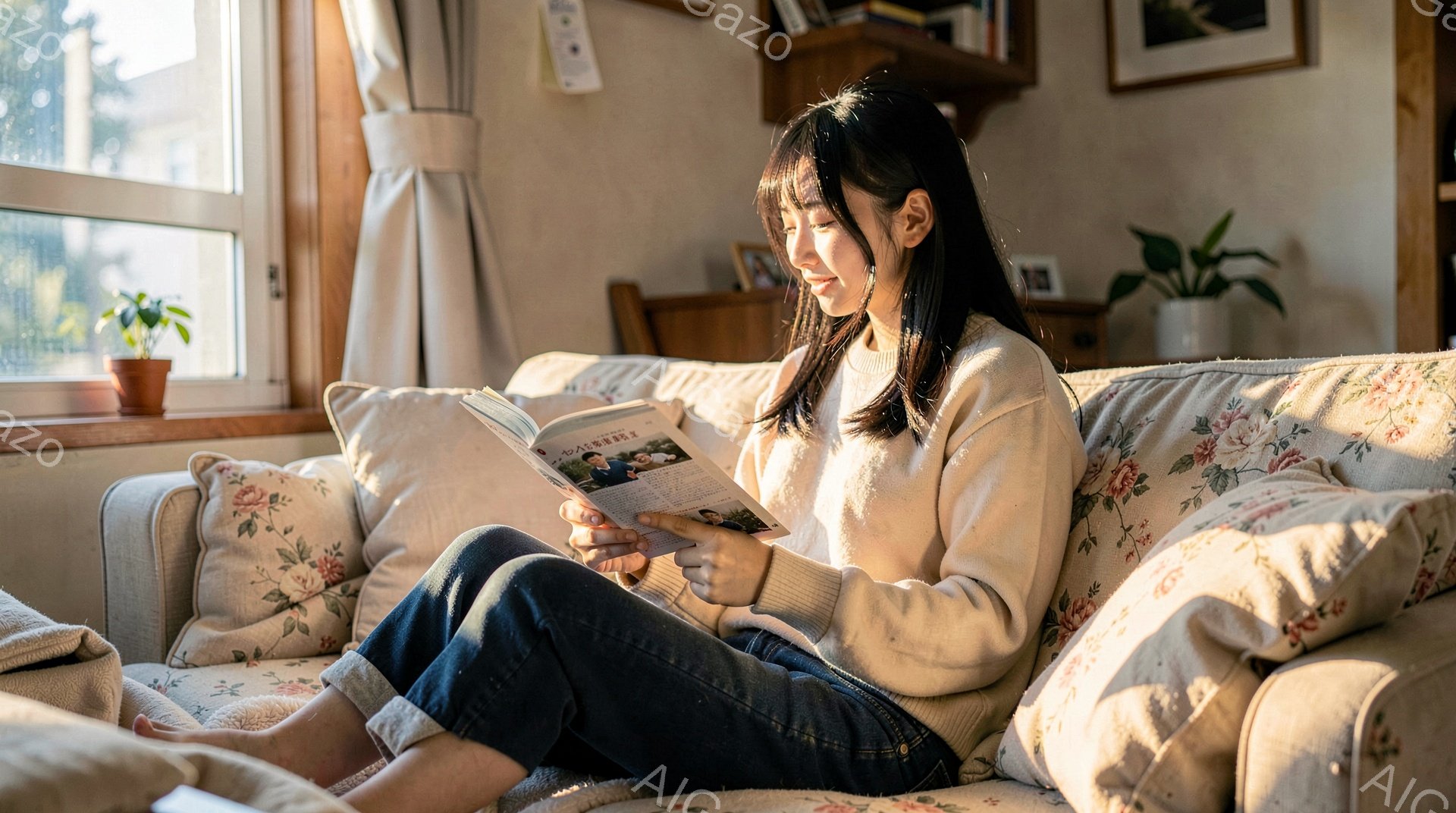 若い女性が、花柄のソファに座って本を読んでいます。彼女はベージュのセーターと濃い色のジーンズを着ており、ゆるいウェーブの長い髪をしています。室内は明るく、窓から差し込む光で暖かく、リラックスした雰囲気です。