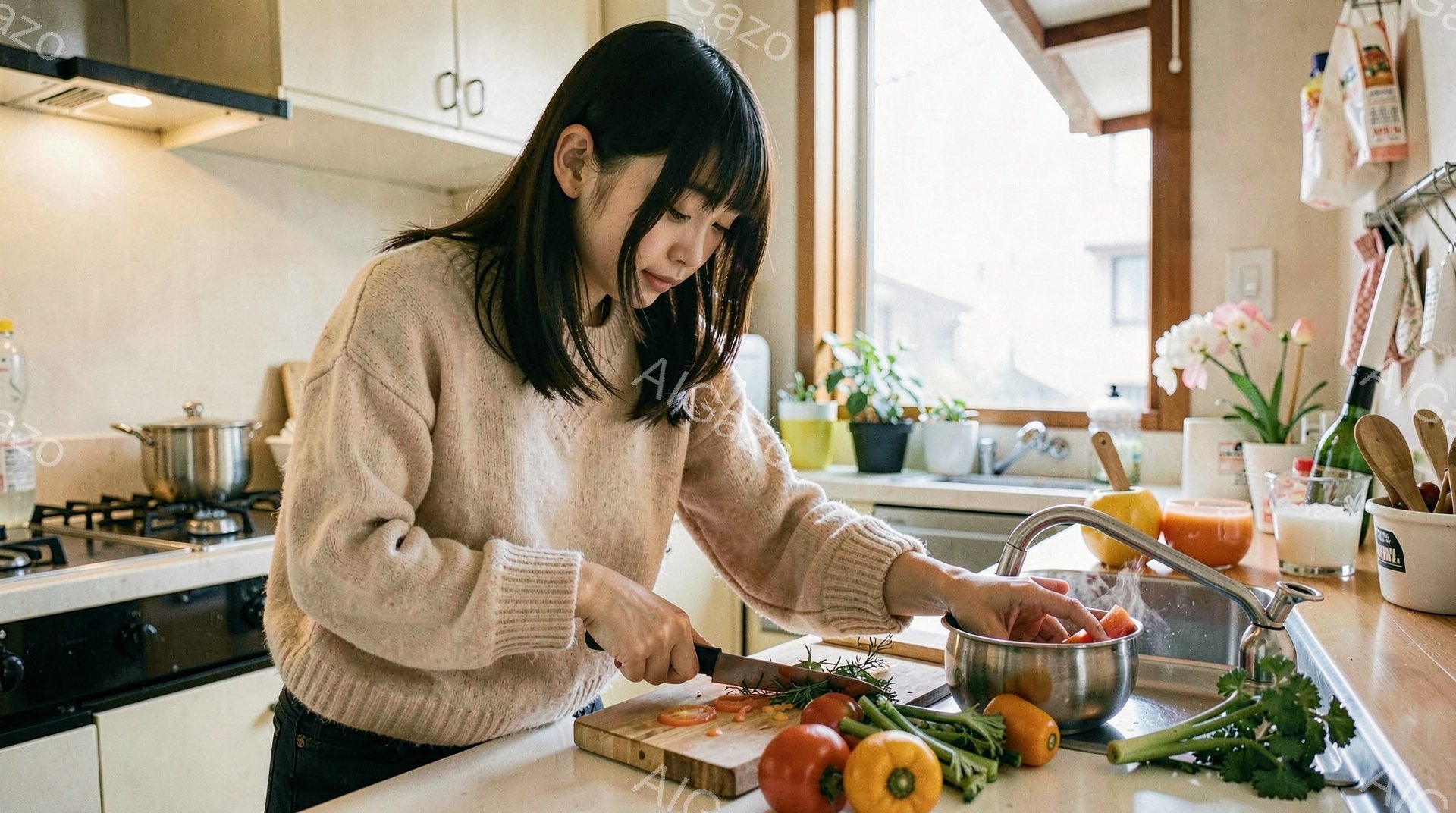 明るいキッチンで、女性が野菜を切っています。彼女はクリーム色のセーターを着ており、前髪を下ろしたロングヘアです。野菜が並んだまな板と、切ったばかりの野菜が入った鍋、そして窓から差し込む自然光が、温かく家庭的な雰囲気を醸し出しています。