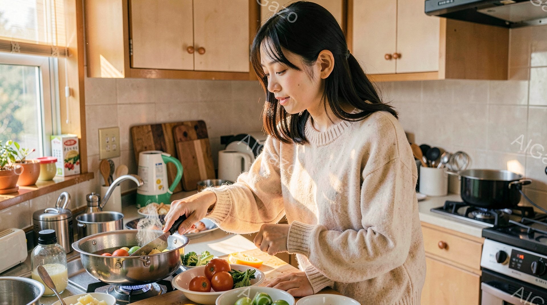 明るいキッチンで、女性がフライパンで野菜を炒めています。彼女はクリーム色のセーターを着ており、長い髪は後ろでまとめています。背景には木製のキャビネット、シンク、そしてトマトやブロッコリーなどの食材が置かれたカウンターがあり、暖かく家庭的な雰囲気が漂っています。