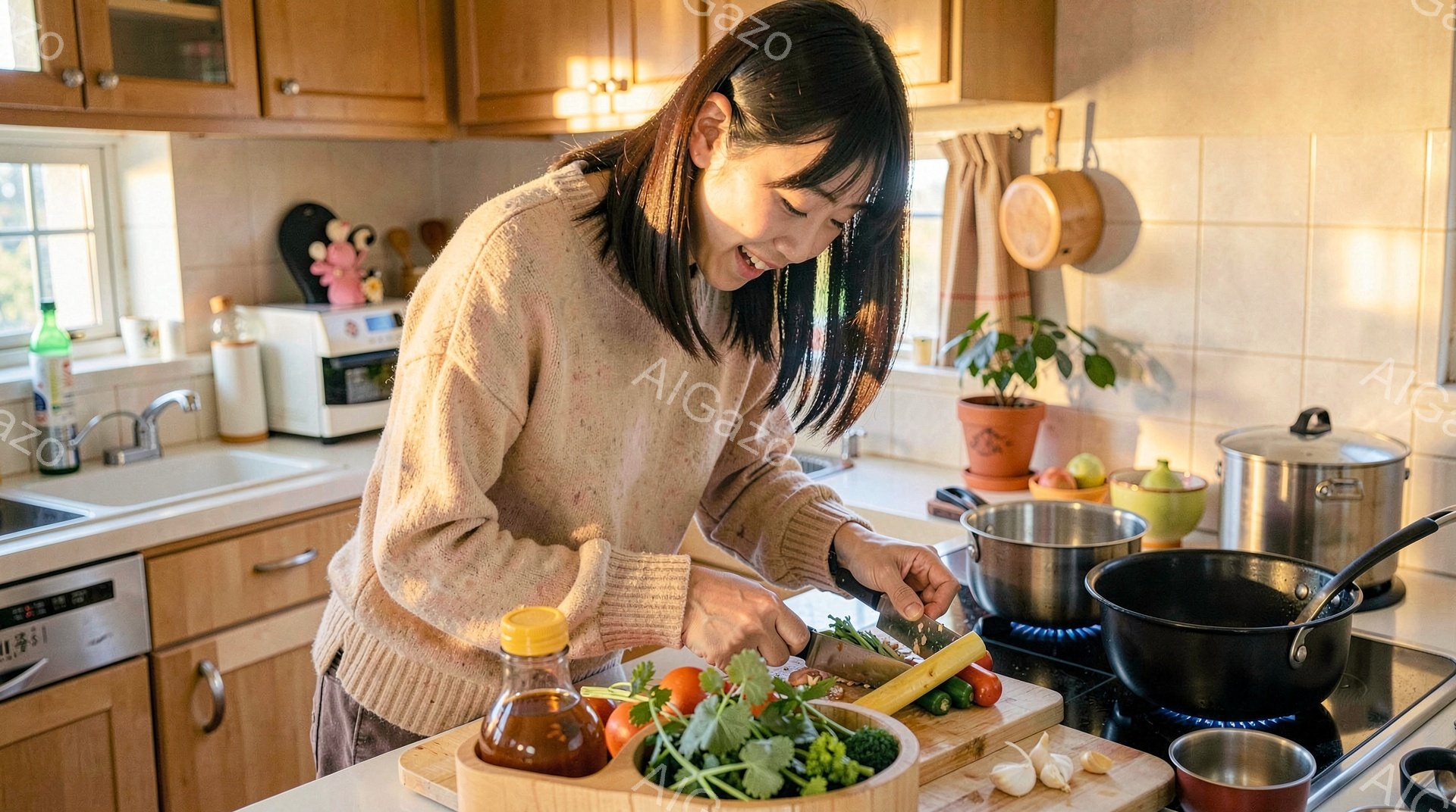 明るいキッチンで、女性が野菜を切っています。ベージュ色のセーターを着ており、髪は後ろでひとつに結んでいます。彼女は笑顔で、料理に集中している様子が伝わってきます。