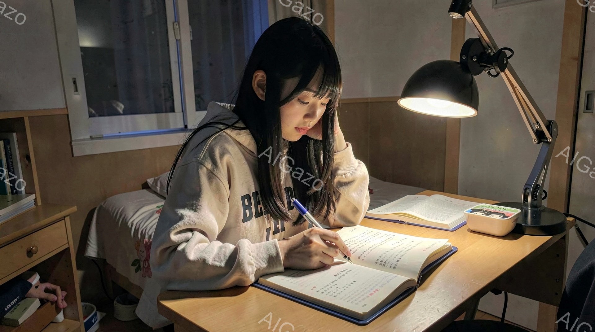 若い女性が机に向かって勉強している様子が写っている。彼女はオーバーサイズのセーターを着ており、髪は肩まで届く長さで、前髪が目にかかっている。机の上には開いた本やノート、ペンなどが散らばっており、勉強に集中している様子が伺える。