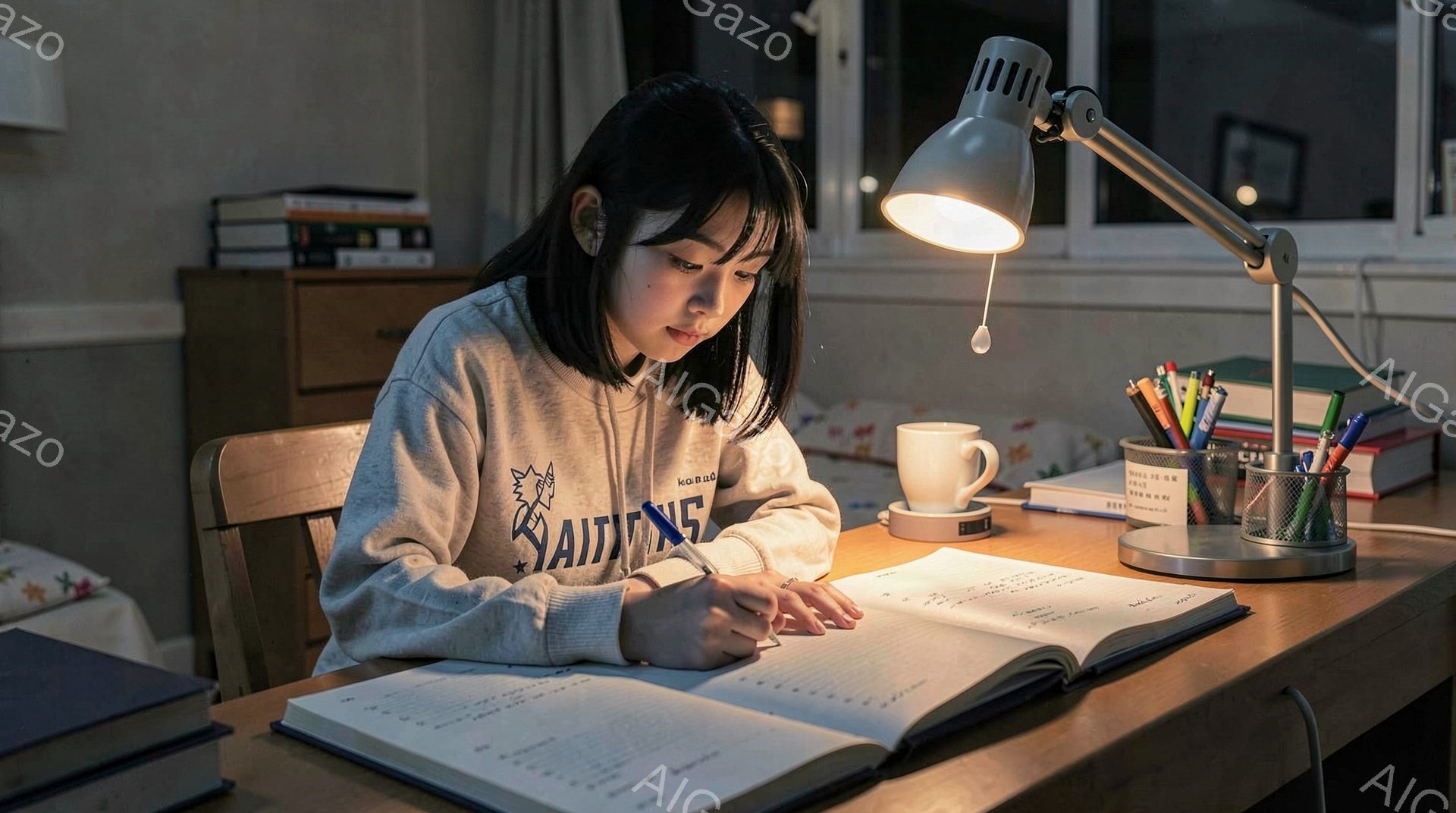 少女は机に向かって勉強している。グレーのパーカーを着ており、髪は後ろで一つに結ばれている。机の上には開いた教科書、ノート、ペン、そしてコーヒーカップが置かれており、テーブルランプが彼女の勉強を照らしている。