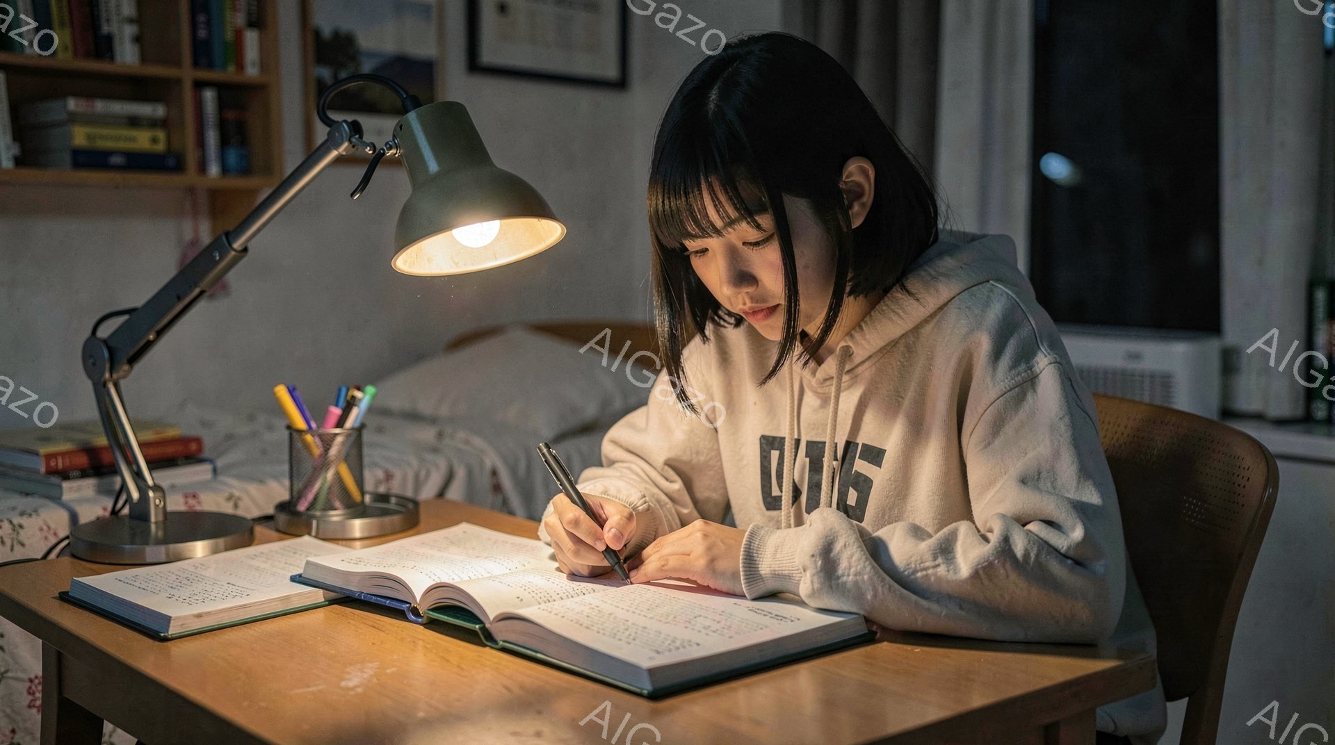 若い女性が机に向かい、開いた教科書にペンで書き込みをしています。彼女はグレーのパーカーを着ており、前髪を横に流したヘアスタイルです。背景には本棚とエアコンがあり、暖色系のデスクライトが彼女と教科書を照らし、集中して勉強する落ち着いた雰囲気を醸し出しています。