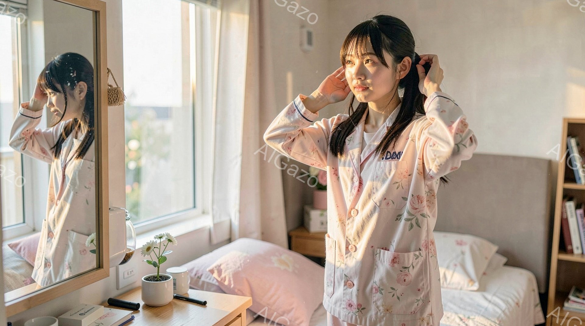 窓辺に置かれたドレッサーの前に、若い女性が立っている。彼女は花柄のパジャマを着ており、髪を後ろでまとめてハーフアップにしている。リラックスした表情で、鏡に映る自分を見つめている様子から、朝の支度か、あるいは静かな時間を過ごしている雰囲気が伝わってくる。