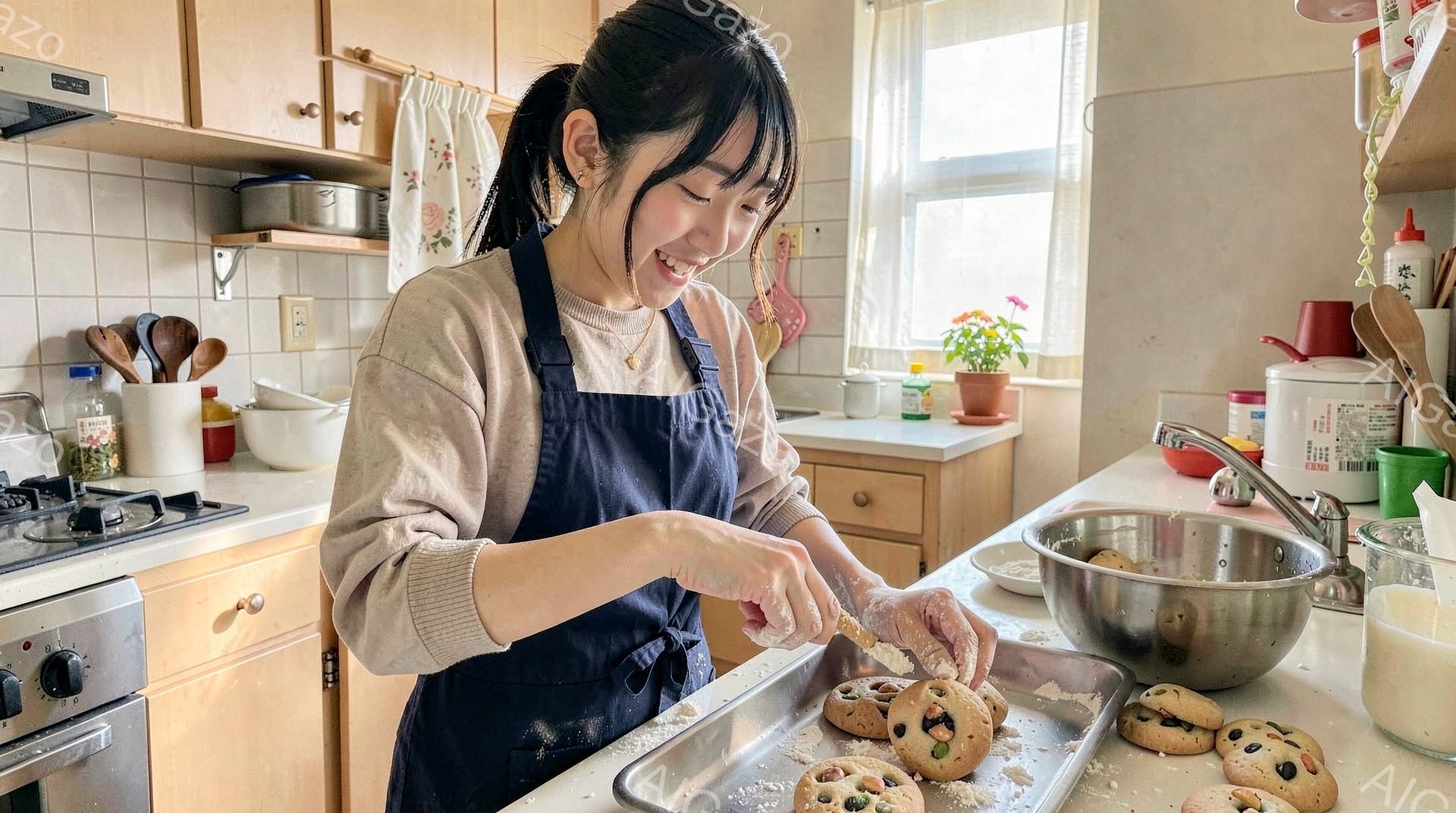 明るいキッチンで、エプロンを着た若い女性がクッキー生地をこねています。彼女は髪を後ろでまとめ、笑顔で作業に集中しており、小麦粉が少し付いた手でクッキー生地を丸めています。背景には調理器具や調味料が並び、窓からは自然光が差し込み、温かく家庭的な雰囲気が漂っています。