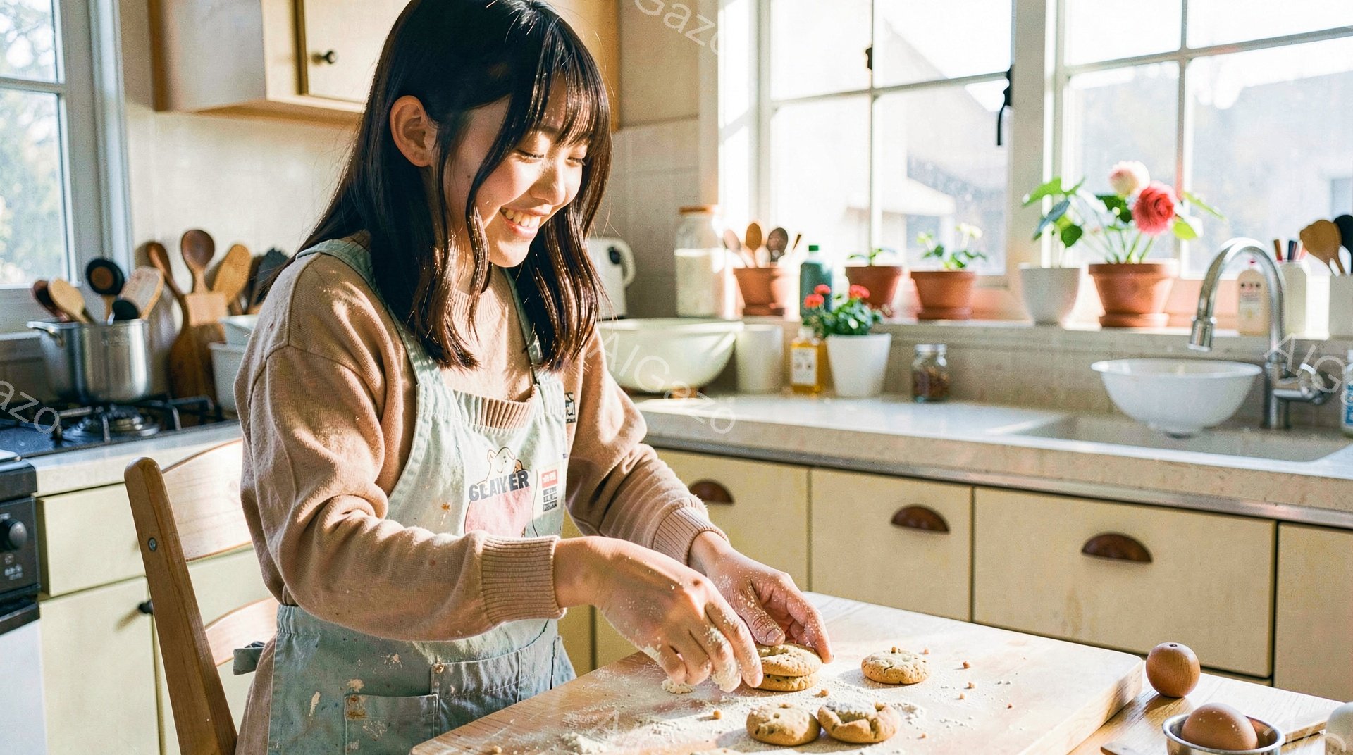明るいキッチンで、若い女性が小麦粉をまぶしながらクッキー生地を成形している様子が写っている。彼女はピンク色のセーターとエプロンを着ており、髪は後ろで結んでいる。背景には植物や調理器具が置かれ、温かく家庭的な雰囲気が漂っている。