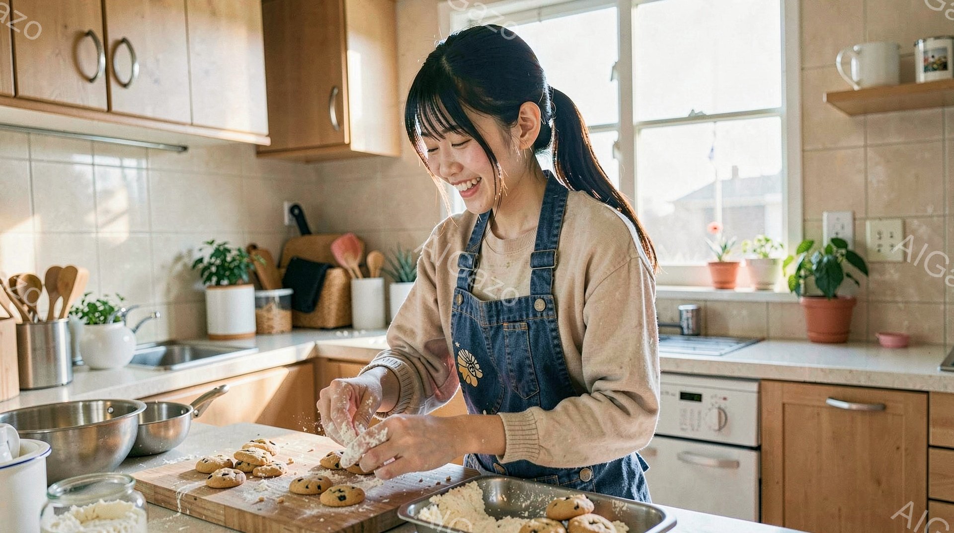明るいキッチンで、女性が小麦粉をこねている様子が写っている。ベージュのセーターにデニムのエプロン姿で、髪は後ろで一つにまとめられ、笑顔を見せている。背景には木製のキャビネットや植物、オーブンが見え、暖かく穏やかな雰囲気が漂っている。
