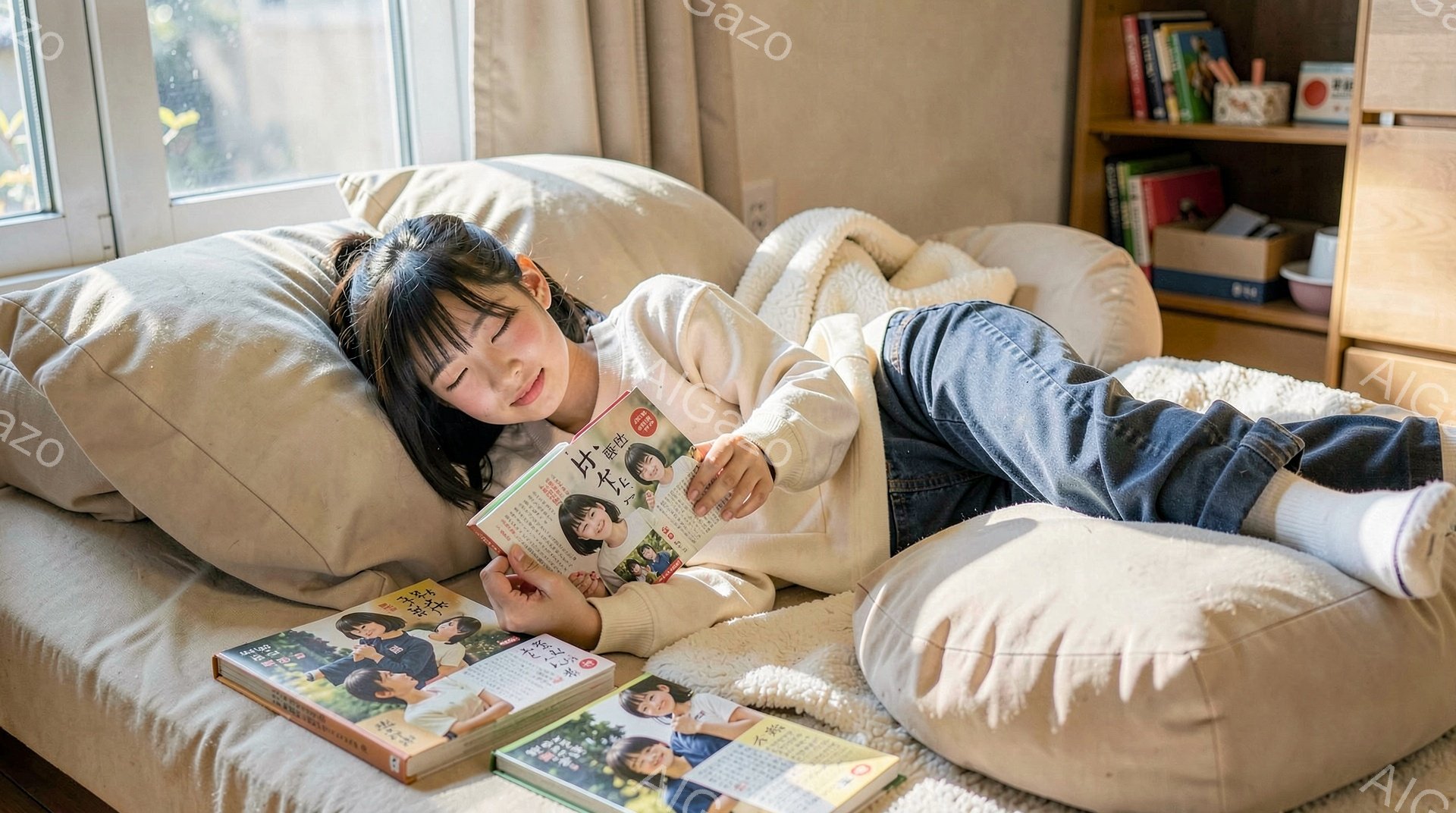 明るい色のソファに横たわり、女性が雑誌を読んでいます。彼女はデニムのパンツと白い長袖のシャツを着ており、髪は緩くお団子に結ばれています。背景には本棚や窓が見え、部屋は暖かくリラックスした雰囲気です。