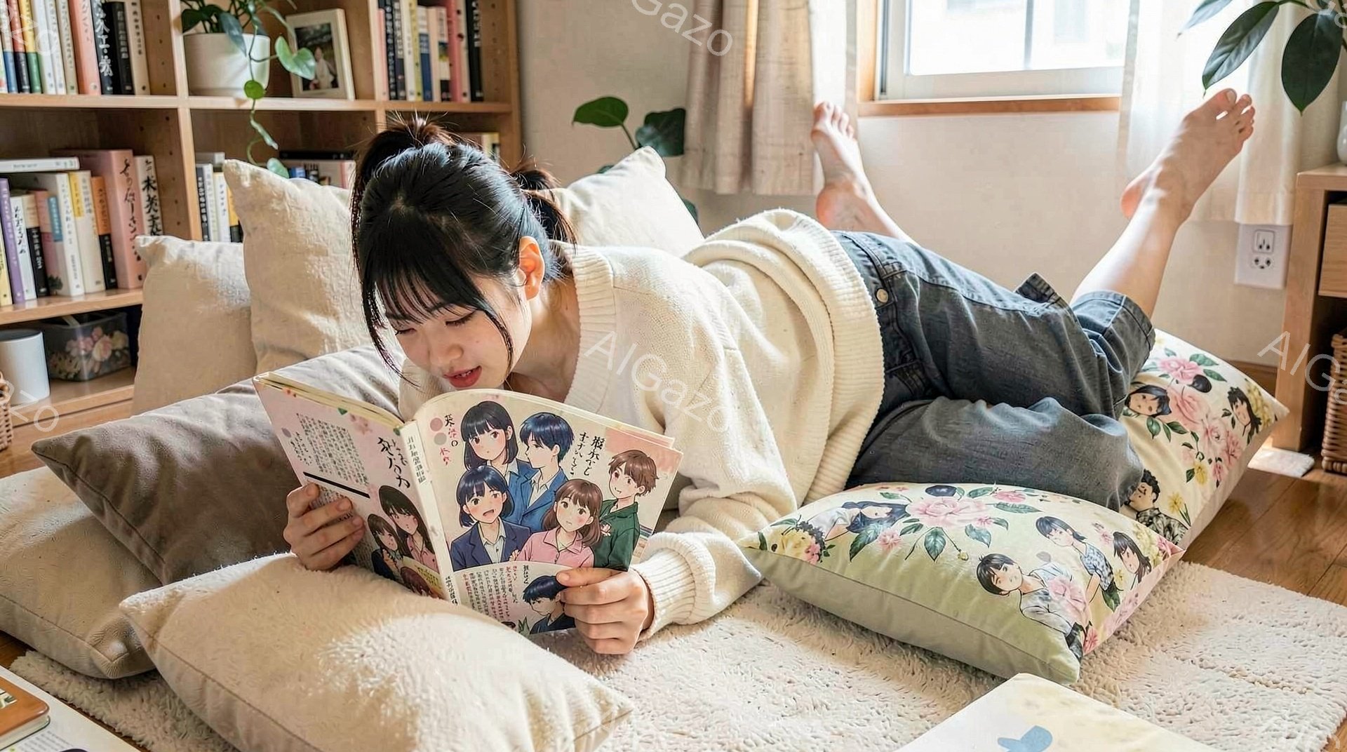 長い髪をハーフアップにした女性が、クッションがたくさんある明るいリビングで漫画を読んでいます。彼女はオーバーサイズの白いセーターと黒いパンツを身につけており、リラックスした表情で足を組んで横になっています。背景には本棚、植物、そして暖かく快適な雰囲気を醸し出す自然光が見えます。