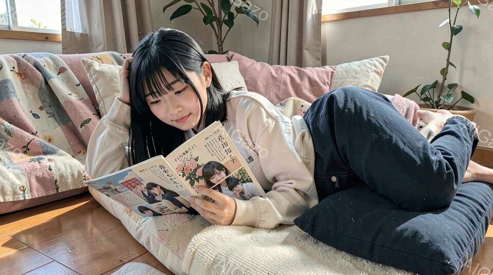 若い女性が、クッションがたくさんあるソファに横たわって雑誌を読んでいる。彼女はベージュ色のセーターを着ており、肩まで届くダークブラウンの髪を無造作に垂らしている。背景には観葉植物があり、自然光が差し込んでリラックスした雰囲気を醸し出している。