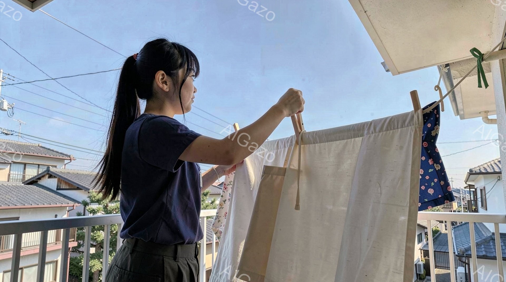 長い髪をポニーテールにした若い女性が、屋外のバルコニーで洗濯物を干している。紺色のTシャツと黒いズボンを着用し、ベージュ色の布と花柄の服をハンガーに掛けている。背景には日本の住宅街が広がり、晴天の下、穏やかな雰囲気が漂っている。