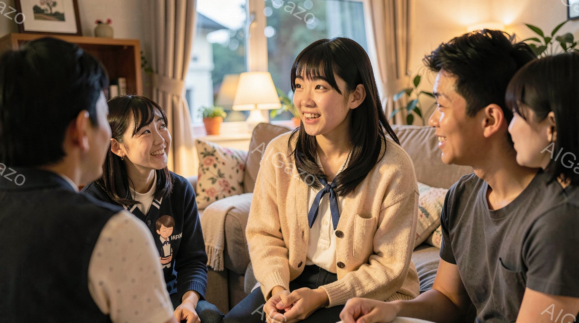 室内で3人の若い女性と1人の若い男性がリラックスした雰囲気で座っています。女性の一人はベージュ色のカーディガンと白いブラウスを着ており、明るい笑顔を見せています。背景にはソファ、植物、そして窓から見える住宅地が見え、穏やかで温かい家庭的な雰囲気が漂っています。