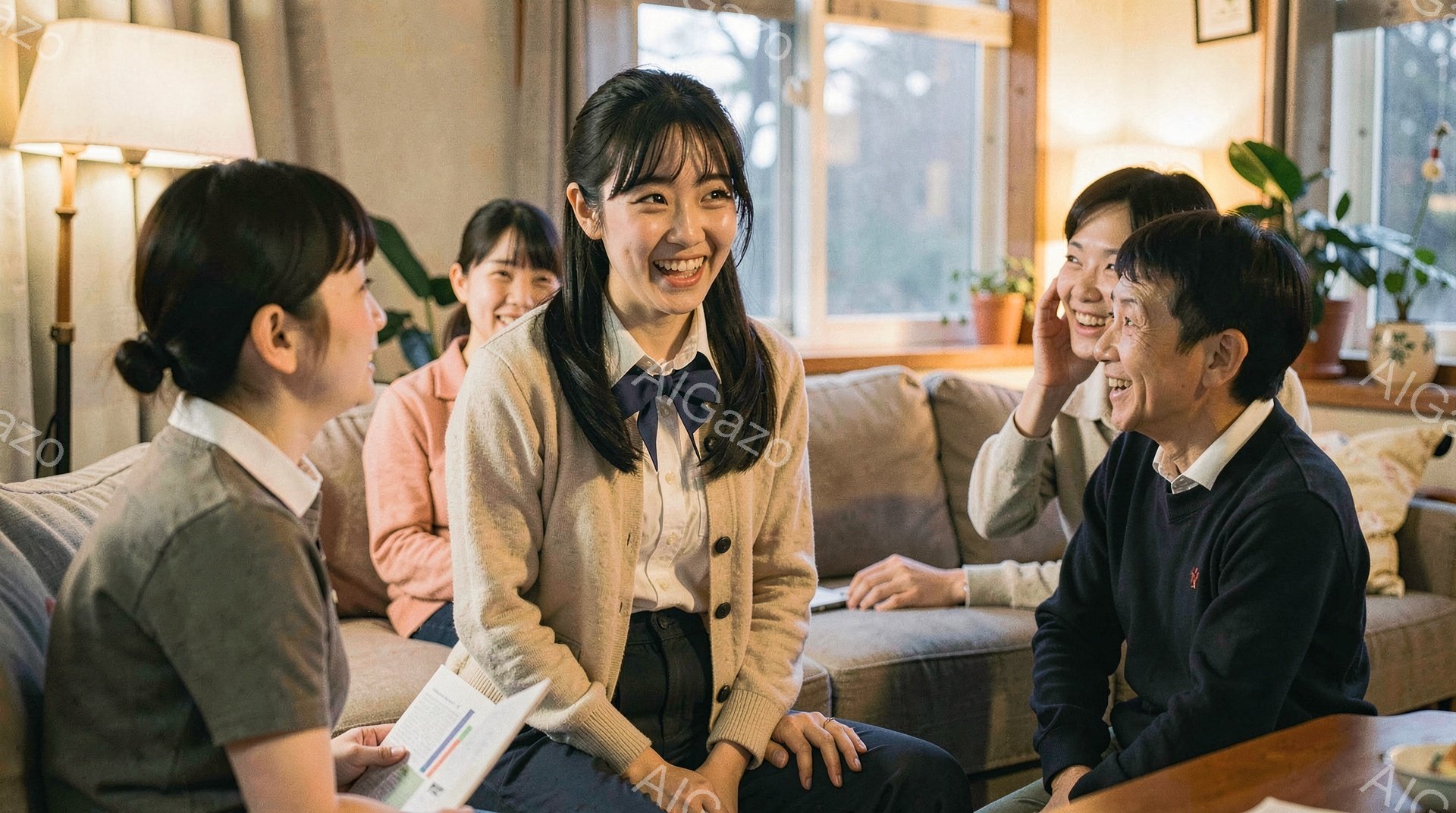 部屋の中で、制服を着た女子高生たちがリラックスした雰囲気で座っています。中央にいる女子生徒はカーディガンを羽織り、明るい笑顔で何かを話しているようです。背景には窓から差し込む自然光と、いくつかの植物が見え、暖かく穏やかな家庭的な雰囲気が漂っています。