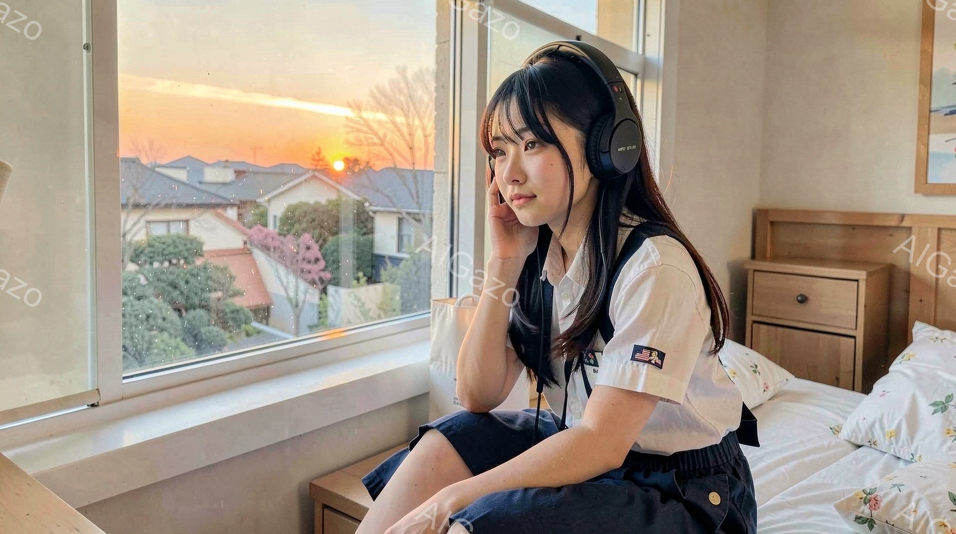 若い女性が窓際に座り、ヘッドホンをつけている。彼女は白いブラウスと紺色のスカートを着用し、肩までの長さの黒髪で、少し憂いを帯びた表情をしている。背景には、夕焼けに照らされた住宅街と、緑豊かな木々が見え、穏やかで物憂げな雰囲気が漂っている。