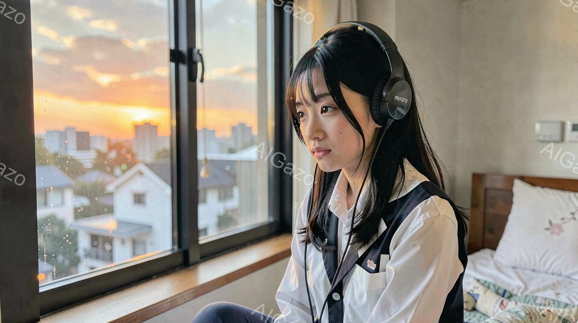 若い女性が窓辺に座り、ヘッドホンを装着しています。彼女は白いシャツにカーディガンを羽織り、長くストレートな黒髪を持っています。窓の外には夕焼け空と都市の建物が広がり、部屋の中には花柄のベッドカバーが見えます。