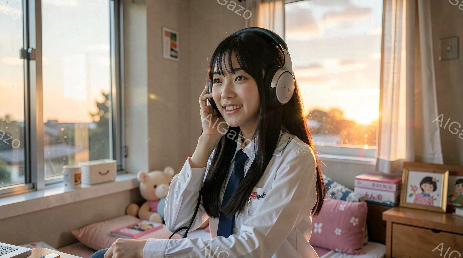 明るい部屋で、若い女性がヘッドホンをつけ、微笑んでいます。彼女は白いシャツにネイビーのネクタイ、制服のような服装をしており、肩までの長さの黒髪に少しカールがかかっています。窓の外には、夕暮れ時の街並みと、ほのぼのとした暖かい光が差し込んでおり、部屋にはおもちゃや本が置かれ、リラックスした雰囲気が漂っています。