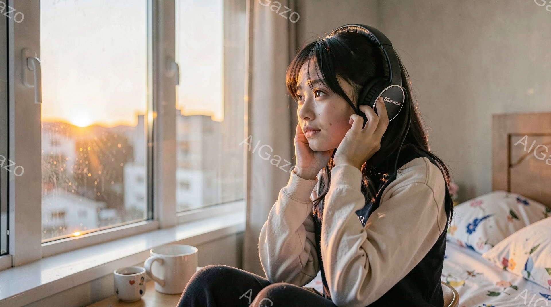 窓辺に座る若い女性は、ヘッドホンを着用し、物思いにふけっているように見えます。彼女はピンク色のセーターと紺色のズボンを身に着け、長い髪を耳にかけるようにしています。背景には、夕焼けに照らされた都市の建物が見え、暖かく穏やかな雰囲気を醸し出しています。