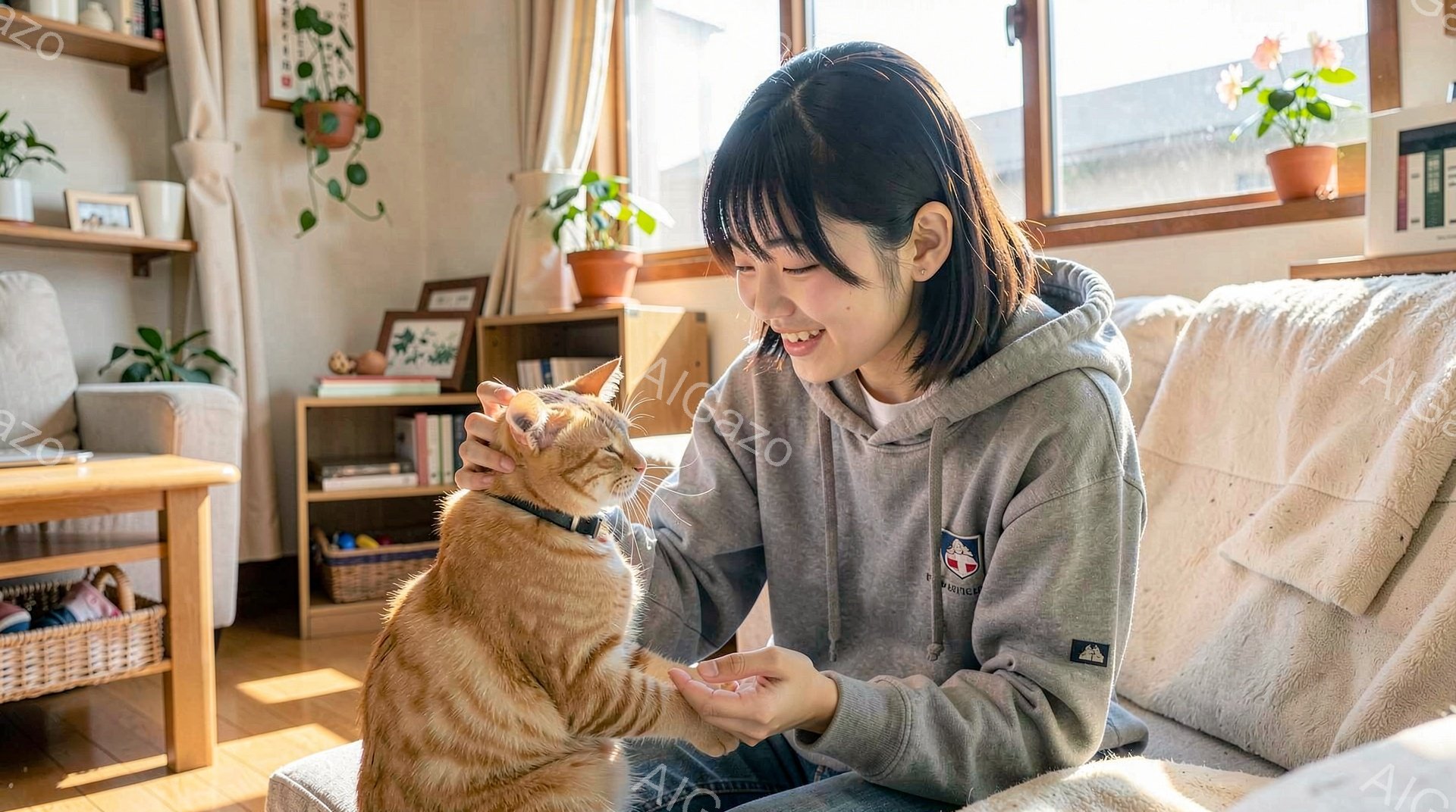 薄いグレーのパーカーを着た若い女性が、オレンジ色の縞模様の猫と戯れています。彼女は微笑んでおり、猫の頭を両手で優しく撫でています。背景には木製の棚や植物、そして明るい自然光が入る窓が見え、温かく穏やかな家庭的な雰囲気が漂っています。