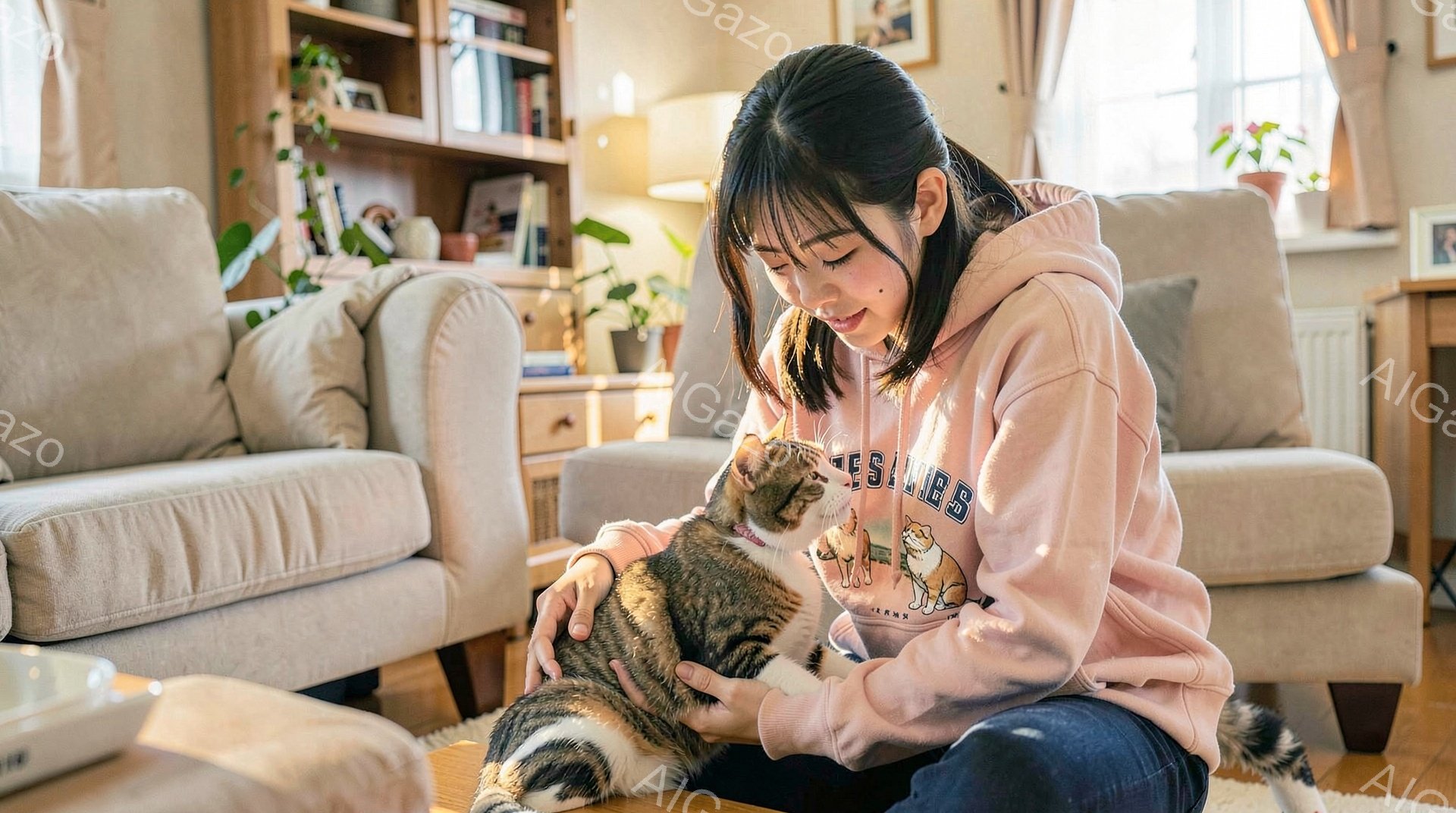 若い女性が、縞模様の猫を抱きかかえて床に座っています。彼女は茶色のパーカーを着ており、髪は後ろで一つに結ばれています。背景にはベージュ色のソファと観葉植物があり、温かく居心地の良い家庭的な雰囲気が漂っています。