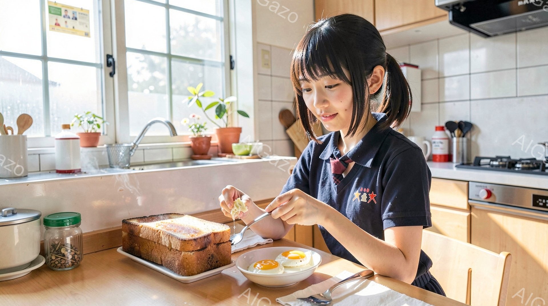 女の子がキッチンで朝食を作っています。彼女はブレッドに何かを塗り、別の皿には目玉焼きが２つあります。背景には窓から差し込む光、植物、調理器具、そしてガスコンロが見え、温かく穏やかな家庭の雰囲気が漂っています。