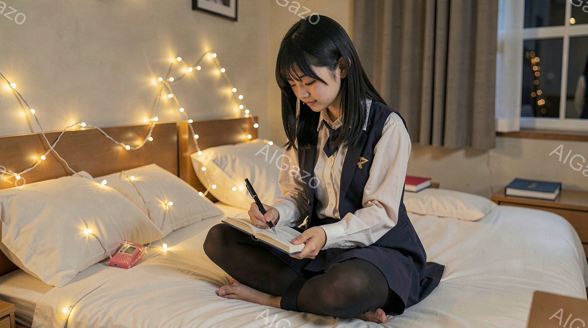 若い女性がベッドに座ってノートに何か書き込んでいる。彼女は白いシャツにネイビーのベスト、スカートを着用し、黒い靴下を履いている。ベッドの周りには電飾が飾られ、ベッドサイドテーブルには本とピンクの小さな機器があり、全体的に落ち着いた温かい雰囲気である。