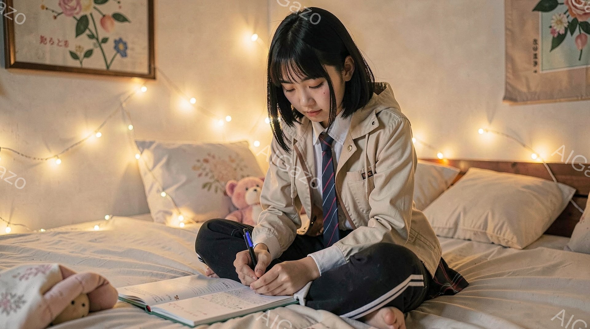 女の子はベッドに座って、ノートに何かを書いている。彼女は白いシャツにネクタイ、デニムのジャケット、チェック柄のスカートを着ており、髪は肩まで伸びた黒髪で、少し無表情に見える。背景には、小さなテディベアや花柄の装飾、そして暖かい光のストリングライトが飾られた、柔らかく居心地の良いベッドルームの様子がうかがえる。