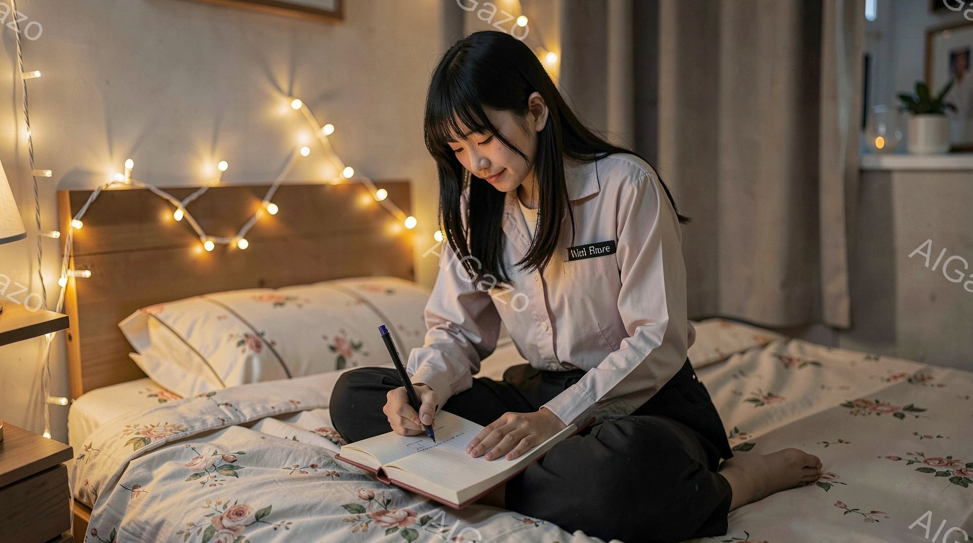 ベッドの上に座っている若い女性が、開いたノートにペンで書き込んでいる。彼女は白いシャツと黒いパンツを着用し、肩まで伸びた黒髪はストレートで、やや前かがみの姿勢で集中して書いているようだ。背景にはベッドサイドテーブルと、温かい光を放つストリングライトがあり、部屋全体が穏やかで落ち着いた雰囲気である。
