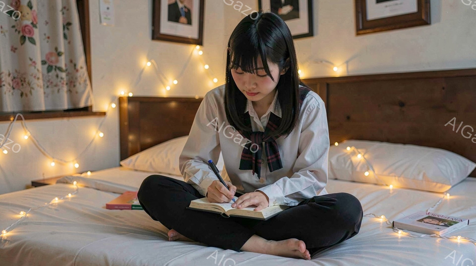ベッドの上に座っている若い女性は、白いシャツと黒いスカート、そしてチェック柄のリボンネクタイを身に着けています。彼女は膝を曲げて座り、ノートにペンで何か書き込んでいます。背景には、窓から差し込む光と、壁に飾られた写真、そして暖色系のフェアリーライトが散りばめられ、落ち着いた雰囲気を作り出しています。