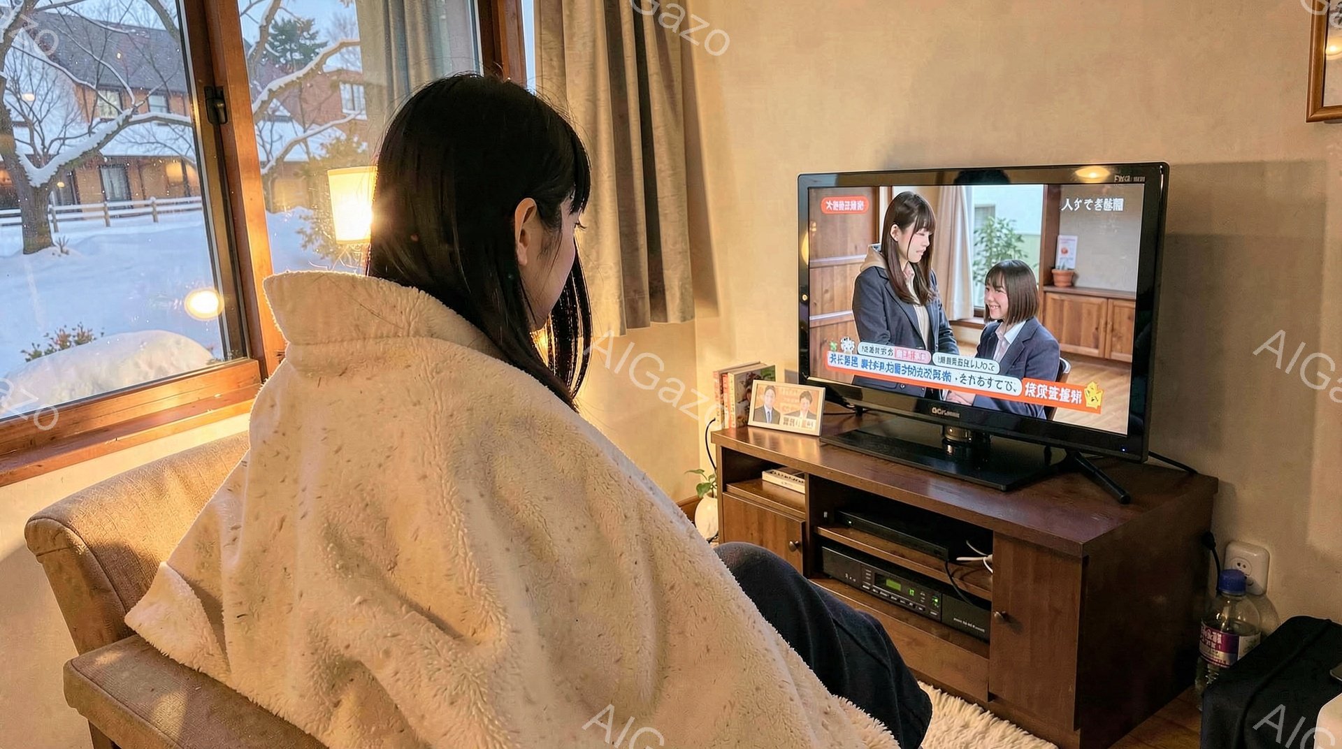 部屋には薄茶色のソファと木製のテレビ台があり、テレビが設置されています。テレビ画面には、明るい色の服装をした女性2人が笑顔で映っており、番組の字幕が表示されています。窓からは雪景色が見え、暖かく落ち着いた雰囲気の室内で、リラックスした時間が過ごせそうな様子です。