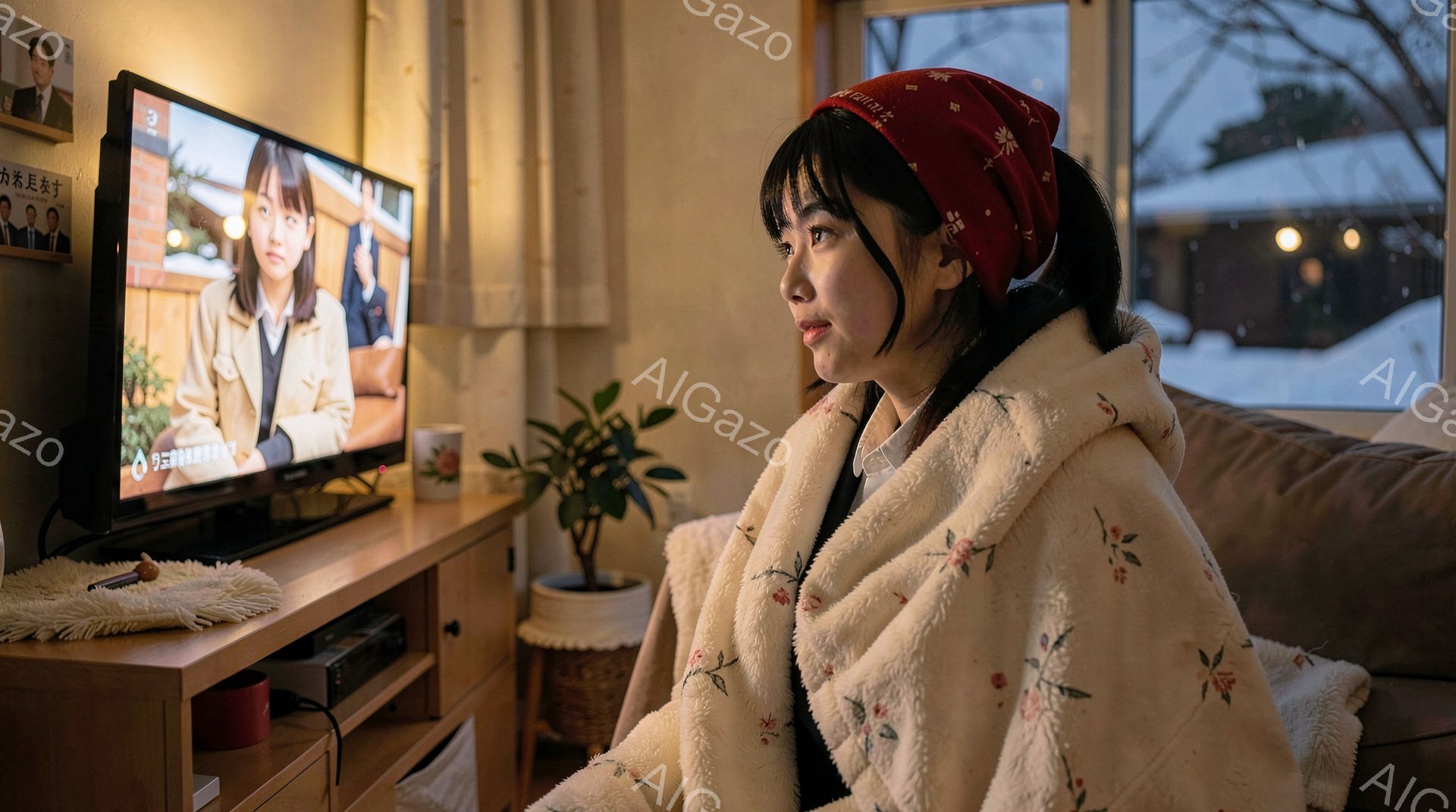 女性は、オフホワイトのニットのようなものを羽織り、赤い花柄のスカーフで髪を留めています。彼女はソファに座り、テレビを見つめており、少し考え込んでいるような表情をしています。窓の外は雪景色で、白く積もった庭と木々が見え、室内は暖かく落ち着いた雰囲気です。