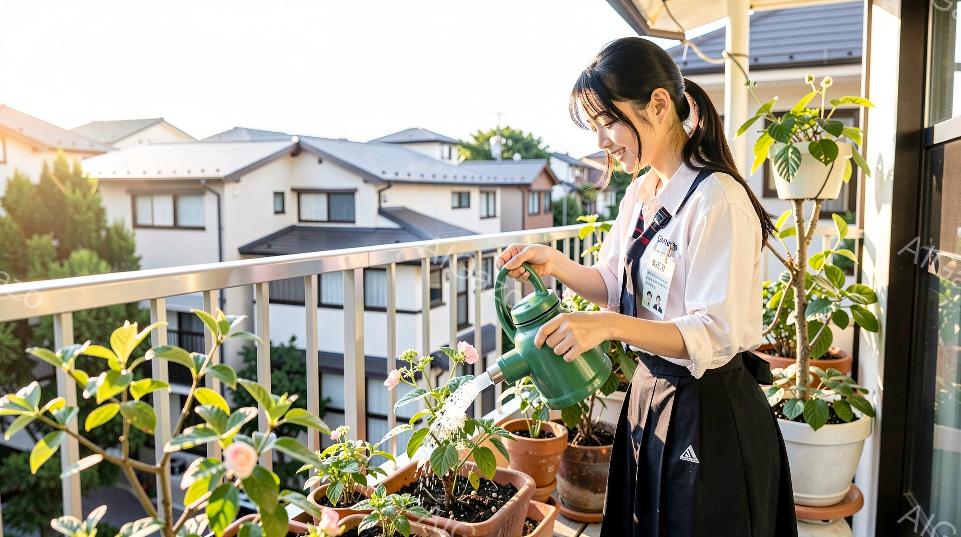 女性はベランダで植物に水をやっています。紺色の制服に白いエプロンを身に着け、ロングヘアを後ろでまとめています。背景には住宅街が広がり、晴天の下、緑豊かな自然が広がっています。