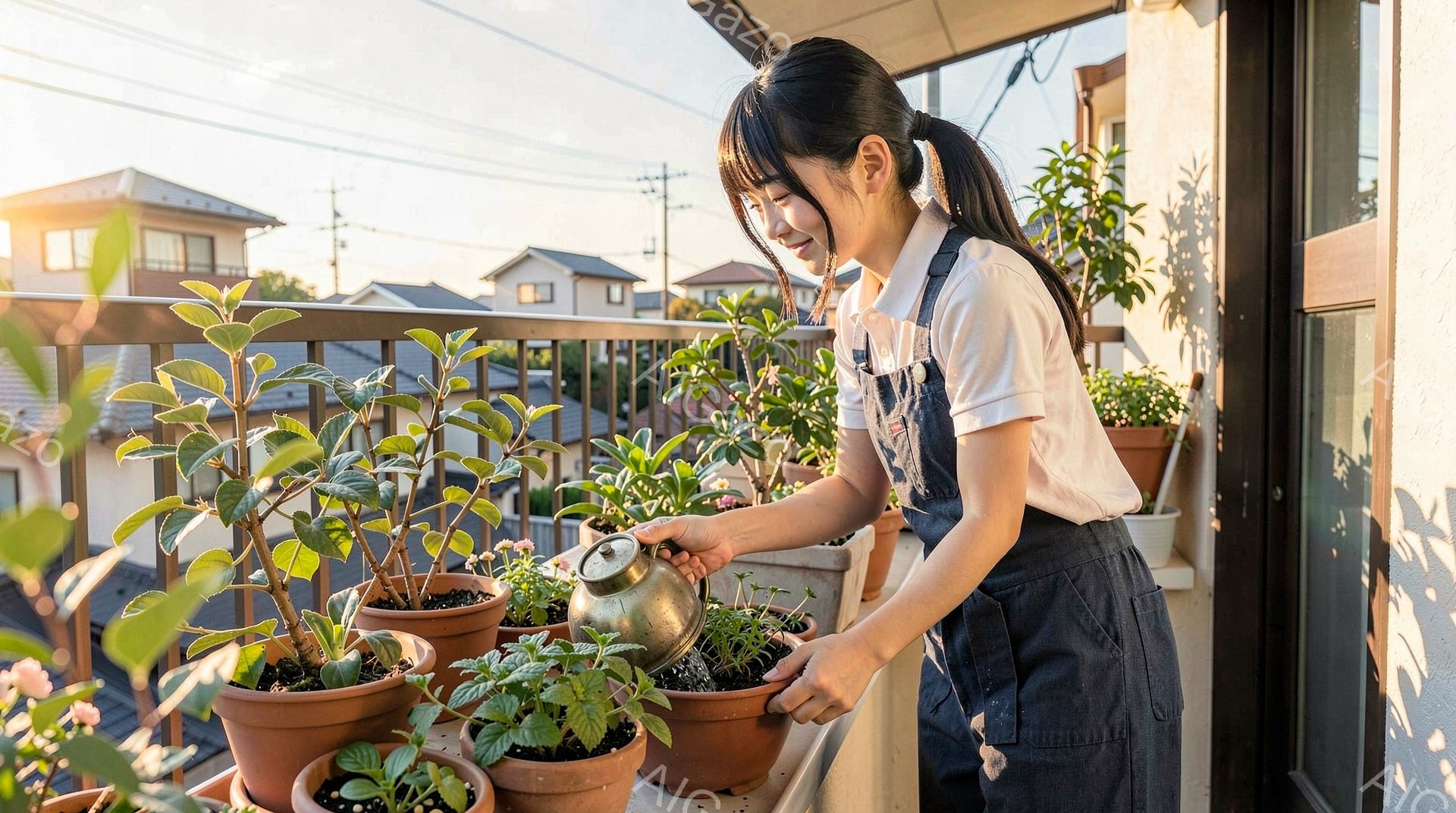 若い女性がベランダで植物に水をやっています。彼女は白いシャツと濃い色のオーバーオールを着ており、髪は後ろでポニーテールに結ばれています。背景には住宅街が広がり、空は晴れていて、穏やかな日差しが差し込んでいます。