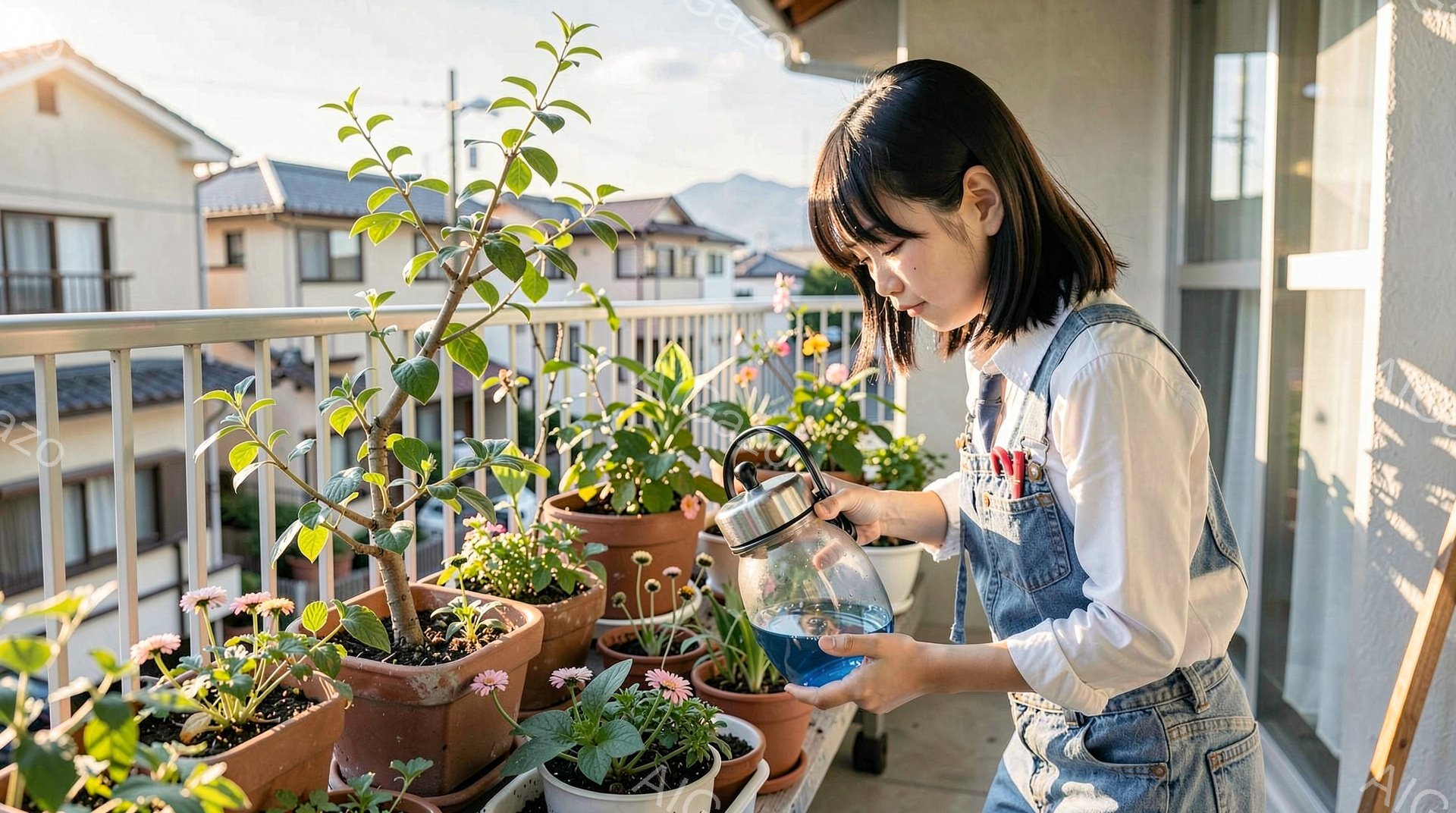 若い女性がバルコニーで植物に水をやっています。彼女は白い長袖シャツとデニムのオーバーオールを着ており、黒髪を肩の長さで切り揃えています。背景には住宅や緑豊かな山々が見え、晴れた日の穏やかな雰囲気が漂っています。