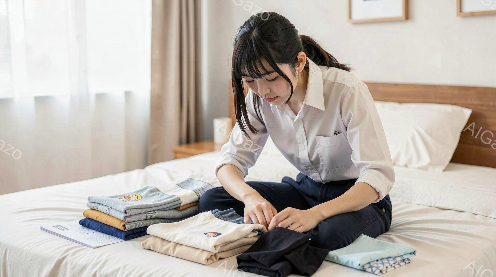 ベッドの上に座っている若い女性が、畳んだ服を整理しています。彼女は白いシャツに濃い青色のズボンを着用し、髪を後ろで束ねています。背景は明るく、シンプルな寝室で、穏やかで落ち着いた雰囲気が漂っています。