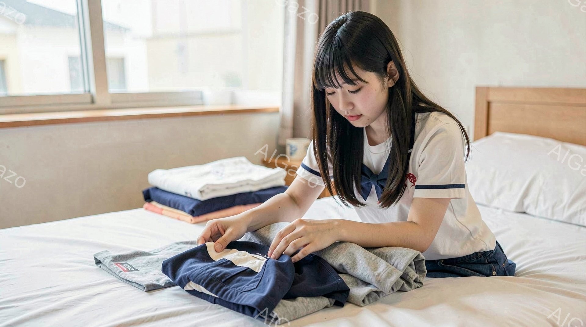 ベッドの上に座る女子高生が、グレーのトレーナーを丁寧に畳んでいます。彼女は白いブラウスと紺色のブレザー、チェック柄のスカートを着用しており、肩まで伸ばした黒髪は少しウェーブがかかっています。窓の外には建物が見え、天候は晴れで、部屋全体が明るく穏やかな雰囲気です。