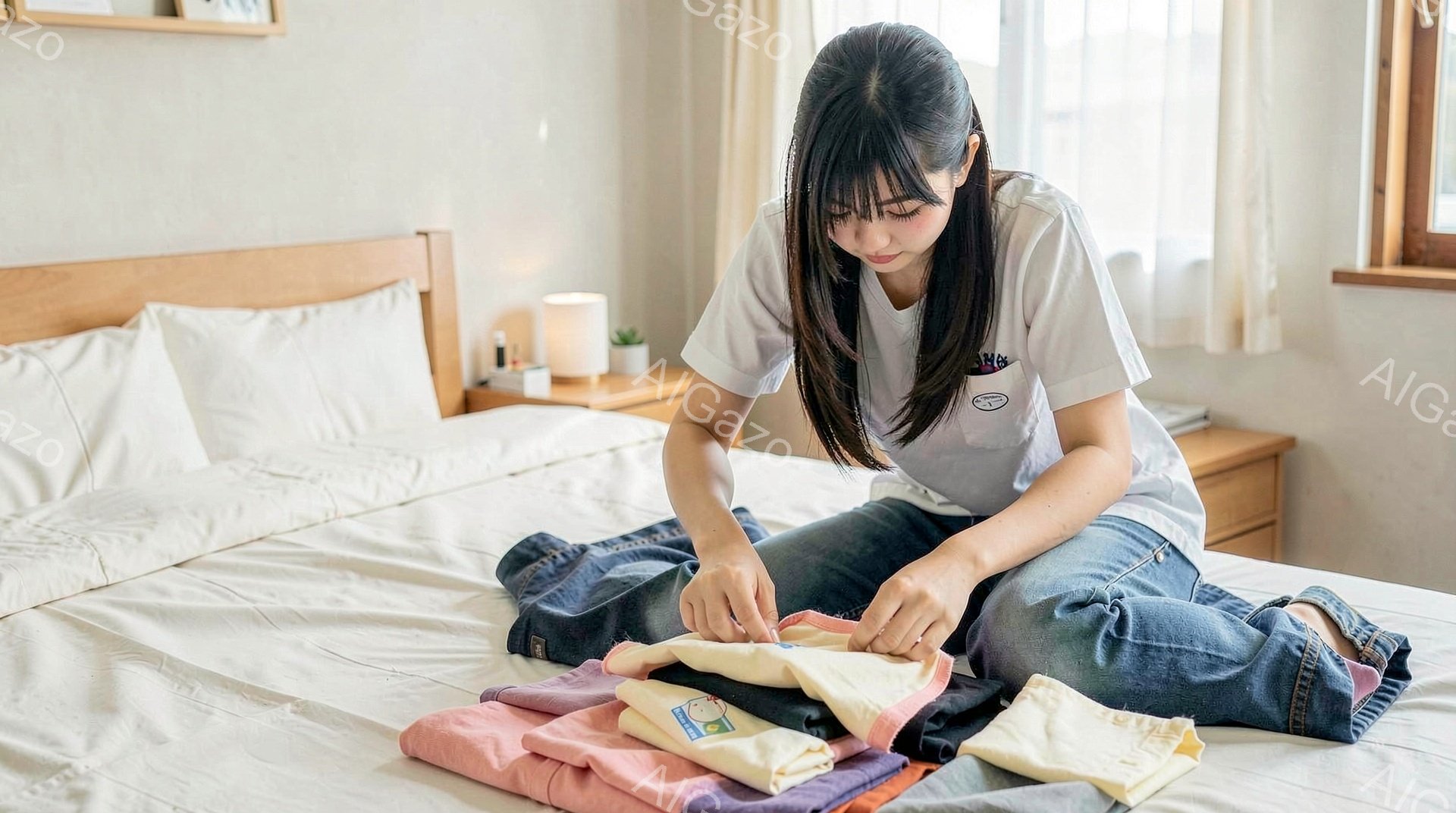 ベッドの上に座った若い女性が、ピンク、白、薄紫色の服を畳んでいます。彼女は白いTシャツとジーンズを着ており、長い髪は後ろで結ばれています。部屋は明るく、窓からは自然光が差し込み、穏やかでリラックスした雰囲気が漂っています。