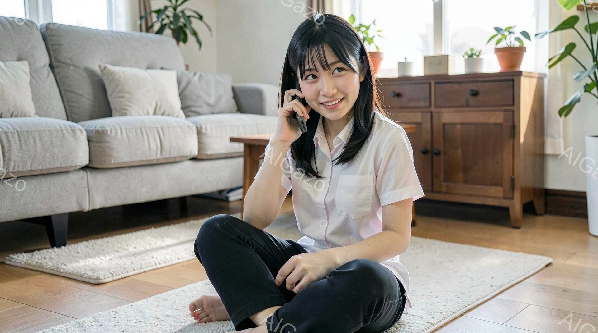 室内で若い女性が床に座り、電話で話しています。彼女は白いシャツと黒いズボンを着用し、短い髪は肩にかかっています。背景には、ベージュ色のソファ、木製のキャビネット、いくつかの観葉植物が見え、全体的に温かく居心地の良い雰囲気です。