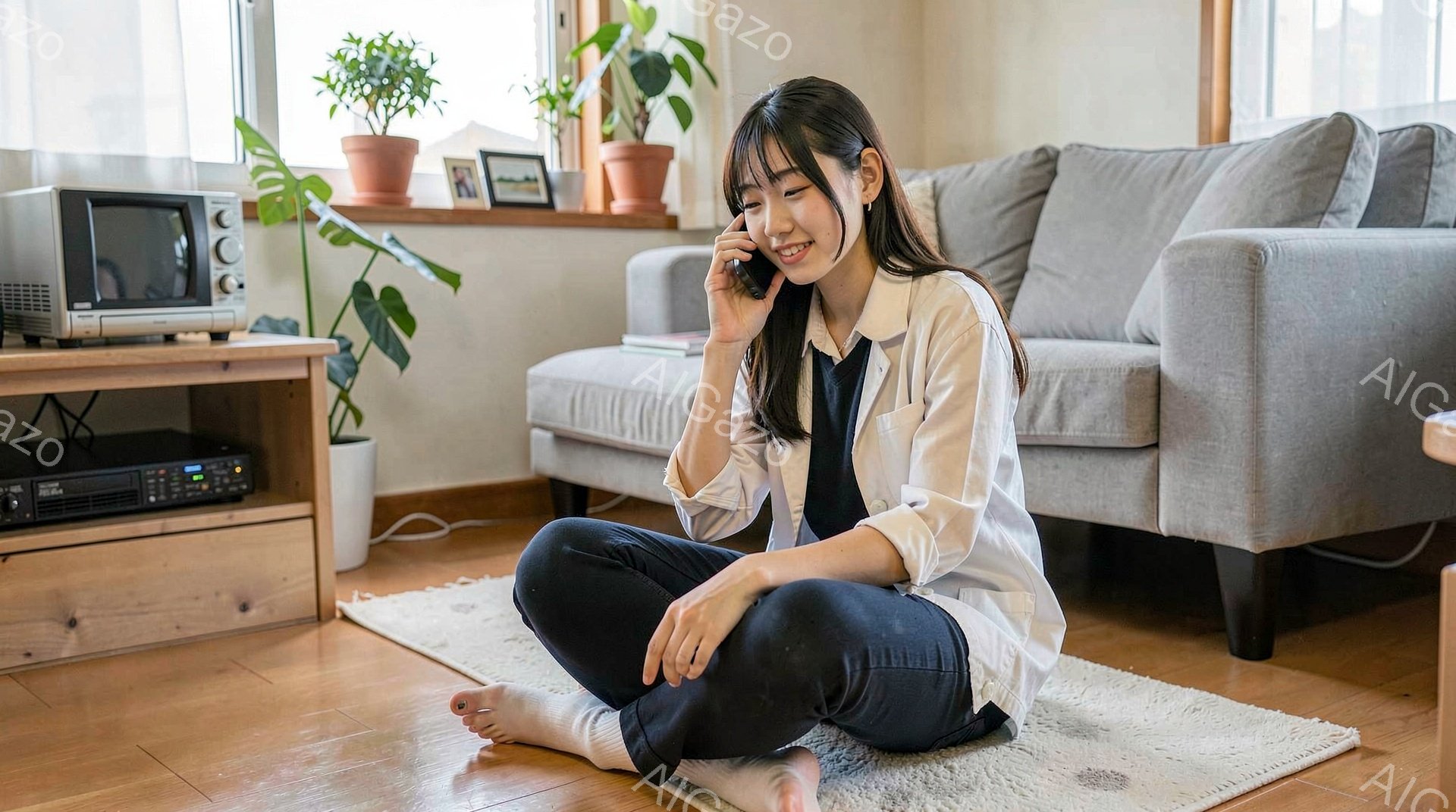 室内で若い女性が床に座り、スマートフォンで電話をしています。彼女は白いシャツに黒いズボンを履き、足には白い靴下を履いています。背景には灰色のソファ、観葉植物、そして電子機器が置かれた棚が見え、暖かくリラックスした雰囲気です。